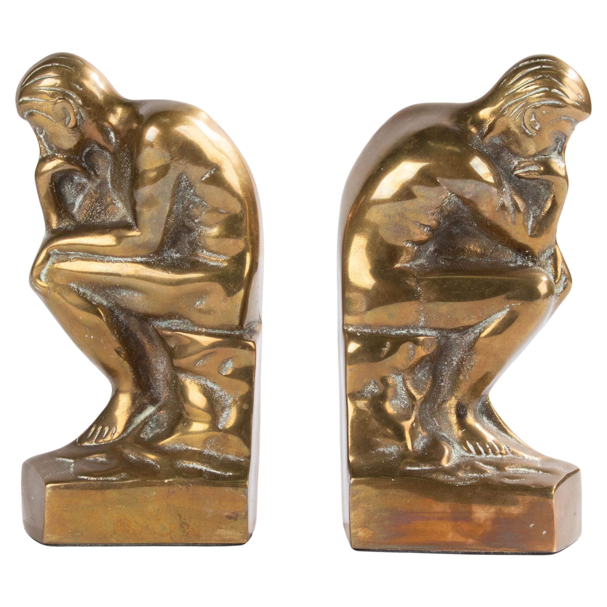 Buchstützen aus Messing aus der Mitte des 20. Jahrhunderts, inspiriert von „ dem Denker“ von Auguste Rodin im Angebot