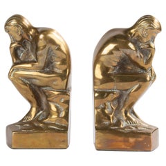 Vintage Mid-20th Century Brass Bookends Inspired by 'the Thinker' from Auguste Rodin