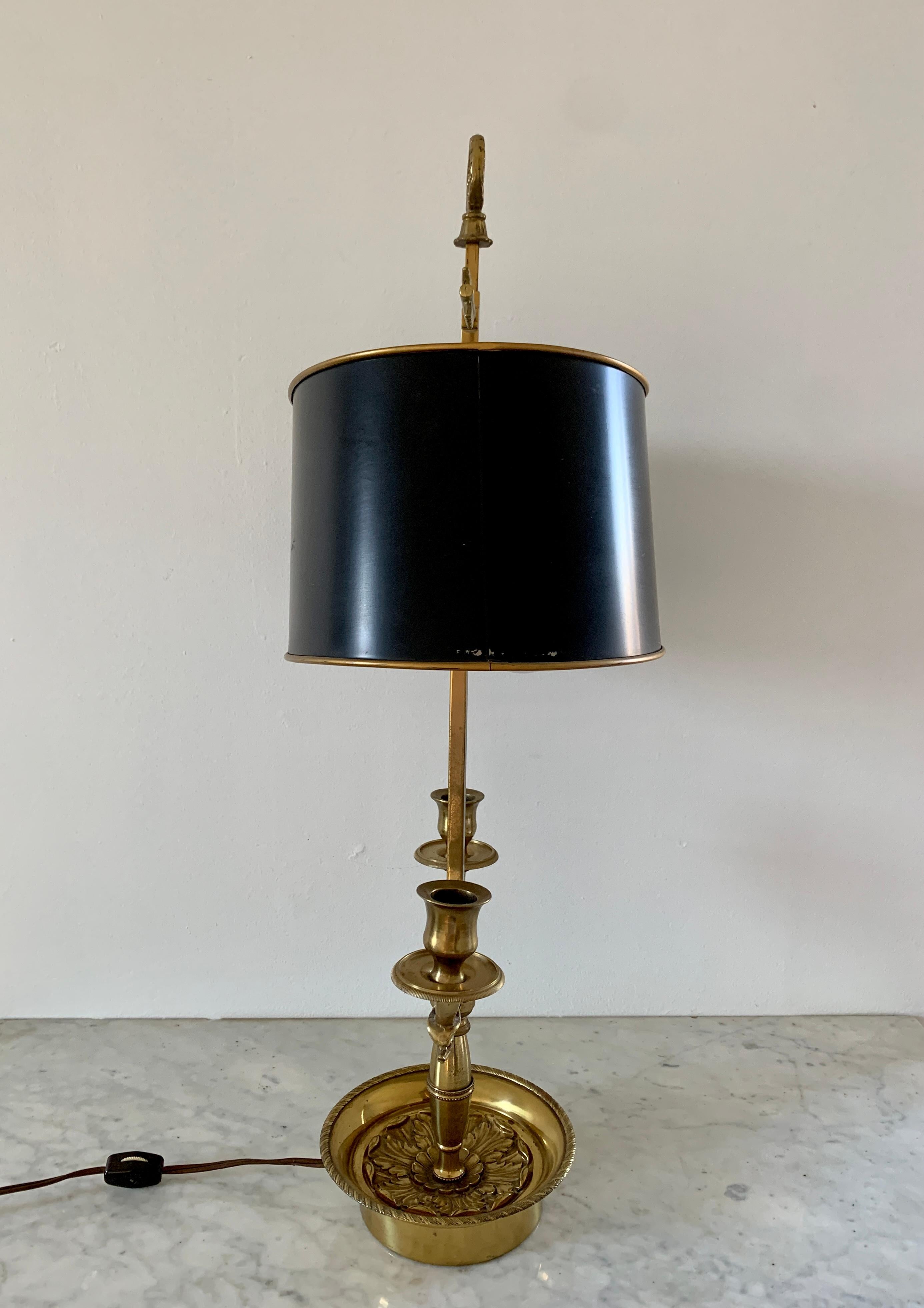 Mid-20th Century Brass Bouillotte Double Dolphin Lamp With Black Tole Shade For Sale 4