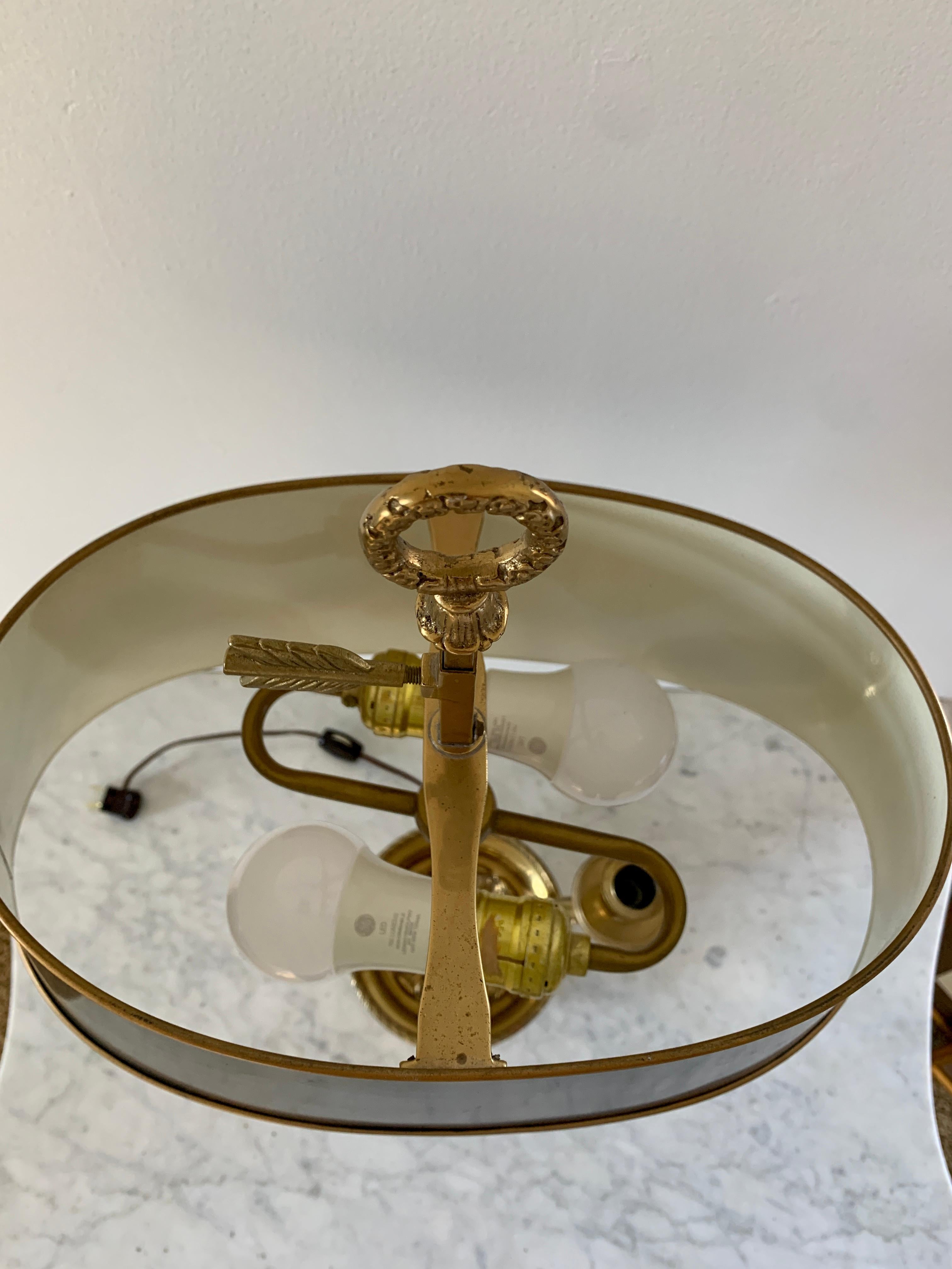 Mid-20th Century Brass Bouillotte Double Dolphin Lamp With Black Tole Shade For Sale 5