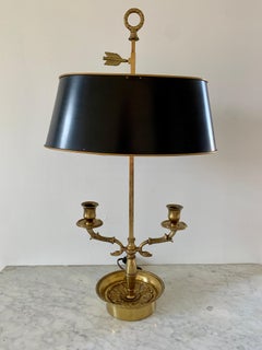 Mid-20th Century Brass Bouillotte Double Dolphin Lamp With Black Tole Shade