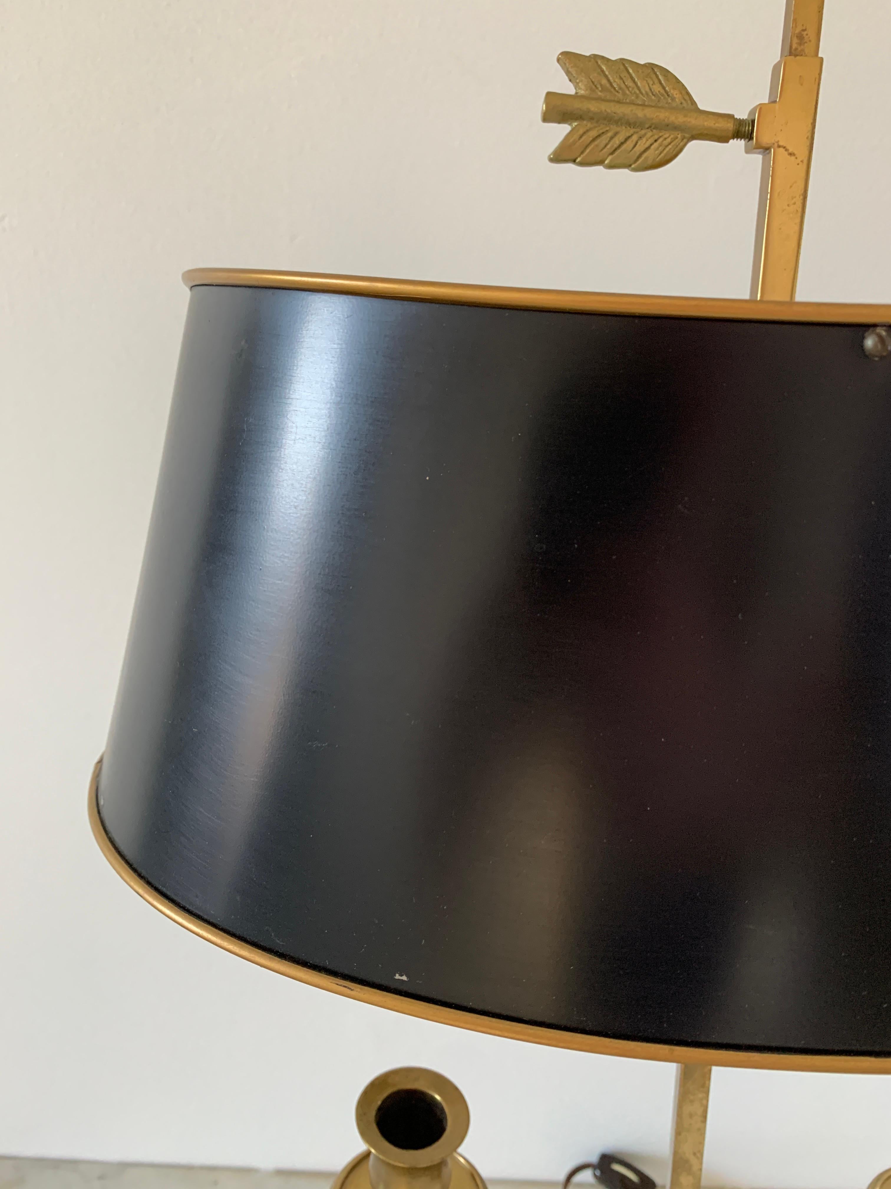 American Mid-20th Century Brass Bouillotte Double Dolphin Lamp With Black Tole Shade For Sale