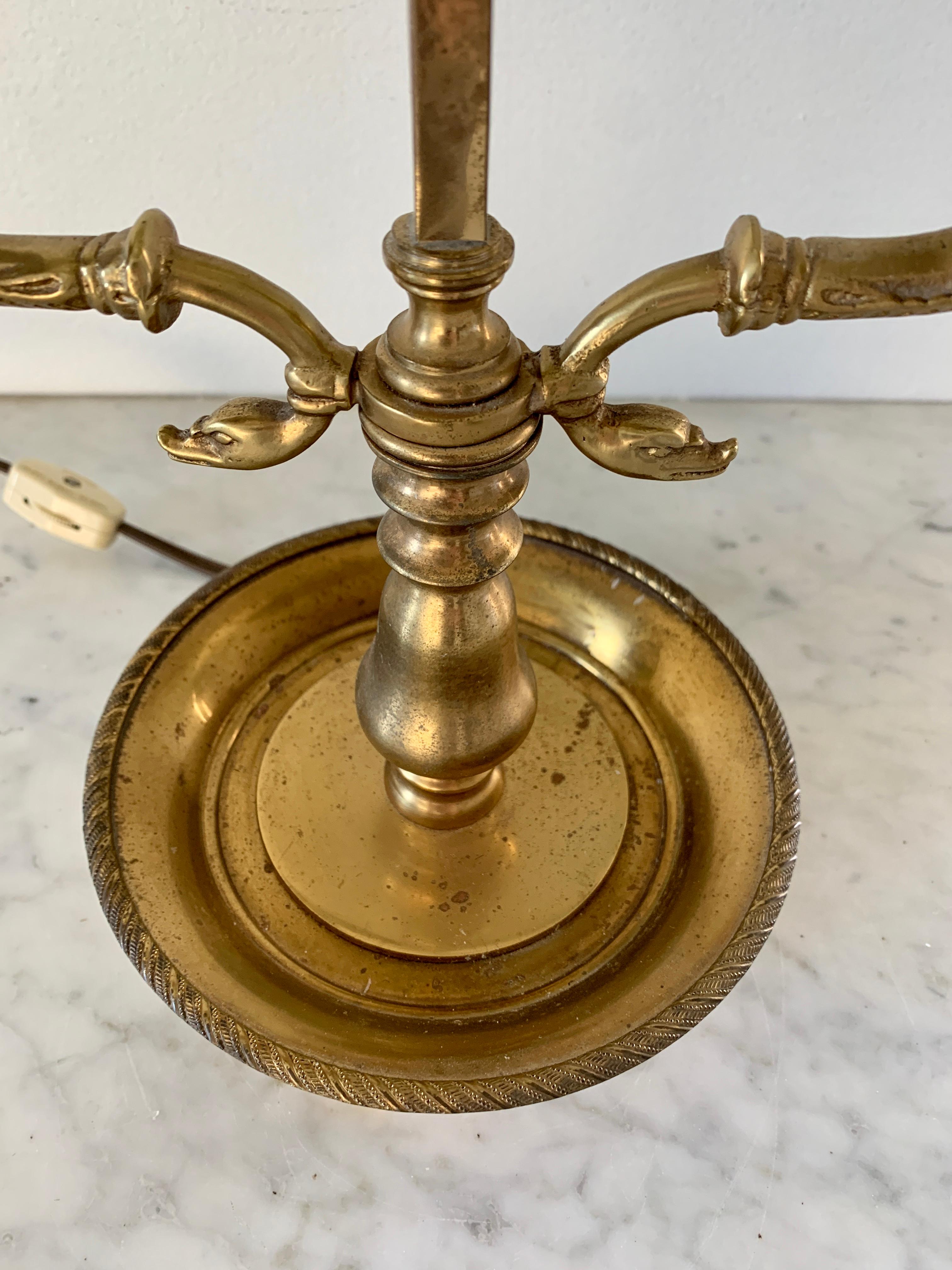 Mid-20th Century Brass Bouillotte Double Dolphin Lamp with Black Tole Shade In Good Condition For Sale In Elkhart, IN