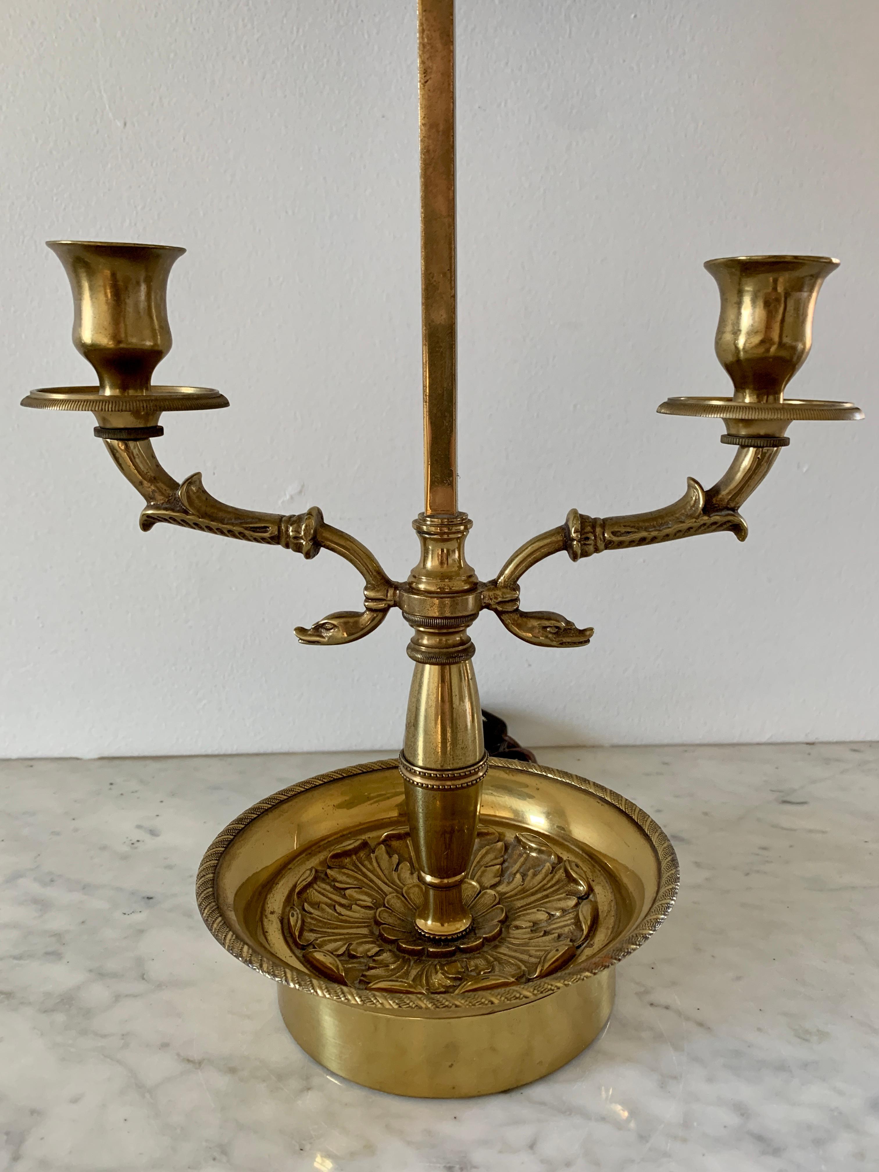 Metal Mid-20th Century Brass Bouillotte Double Dolphin Lamp With Black Tole Shade For Sale