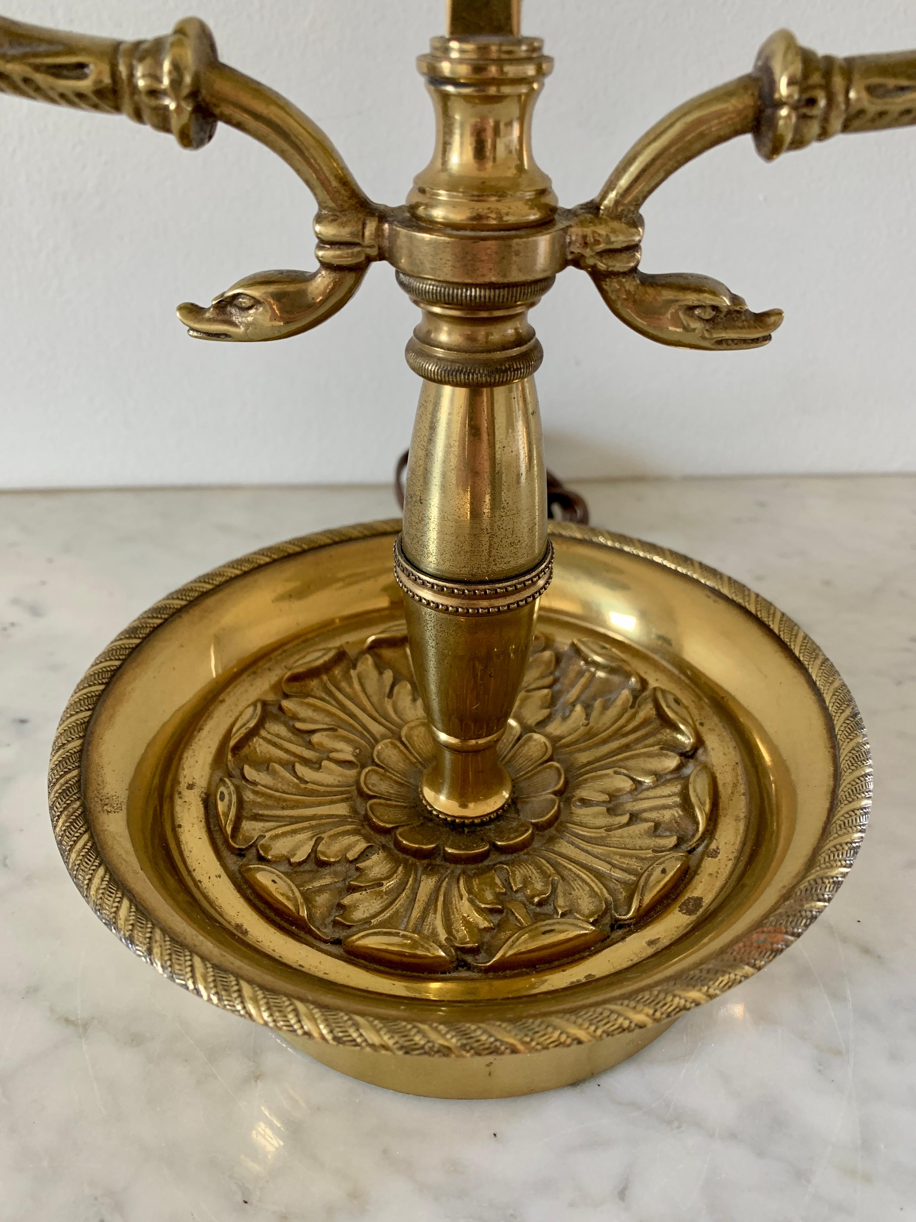 Mid-20th Century Brass Bouillotte Double Dolphin Lamp With Black Tole Shade For Sale 1