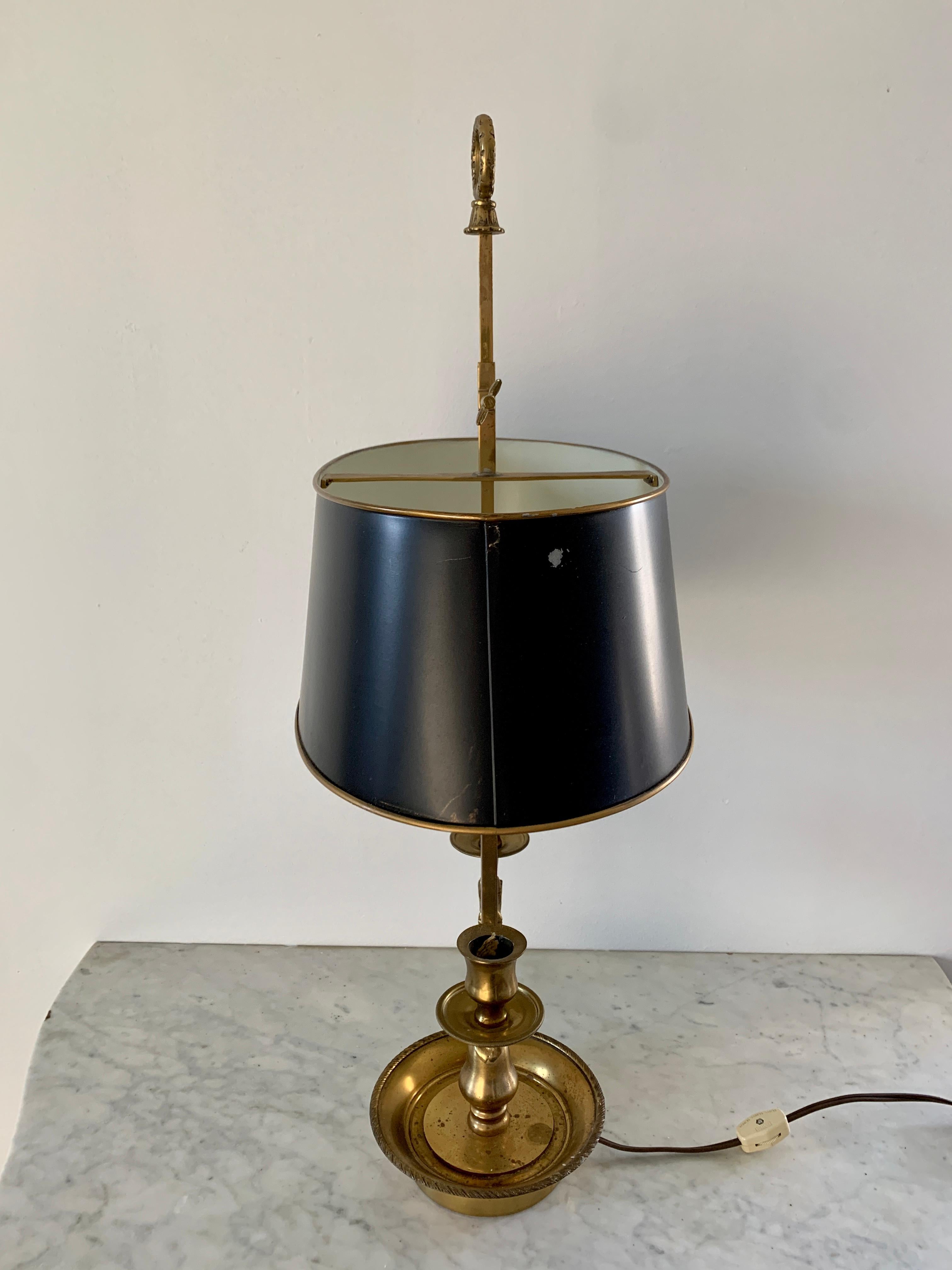 Mid-20th Century Brass Bouillotte Double Dolphin Lamp with Black Tole Shade For Sale 1