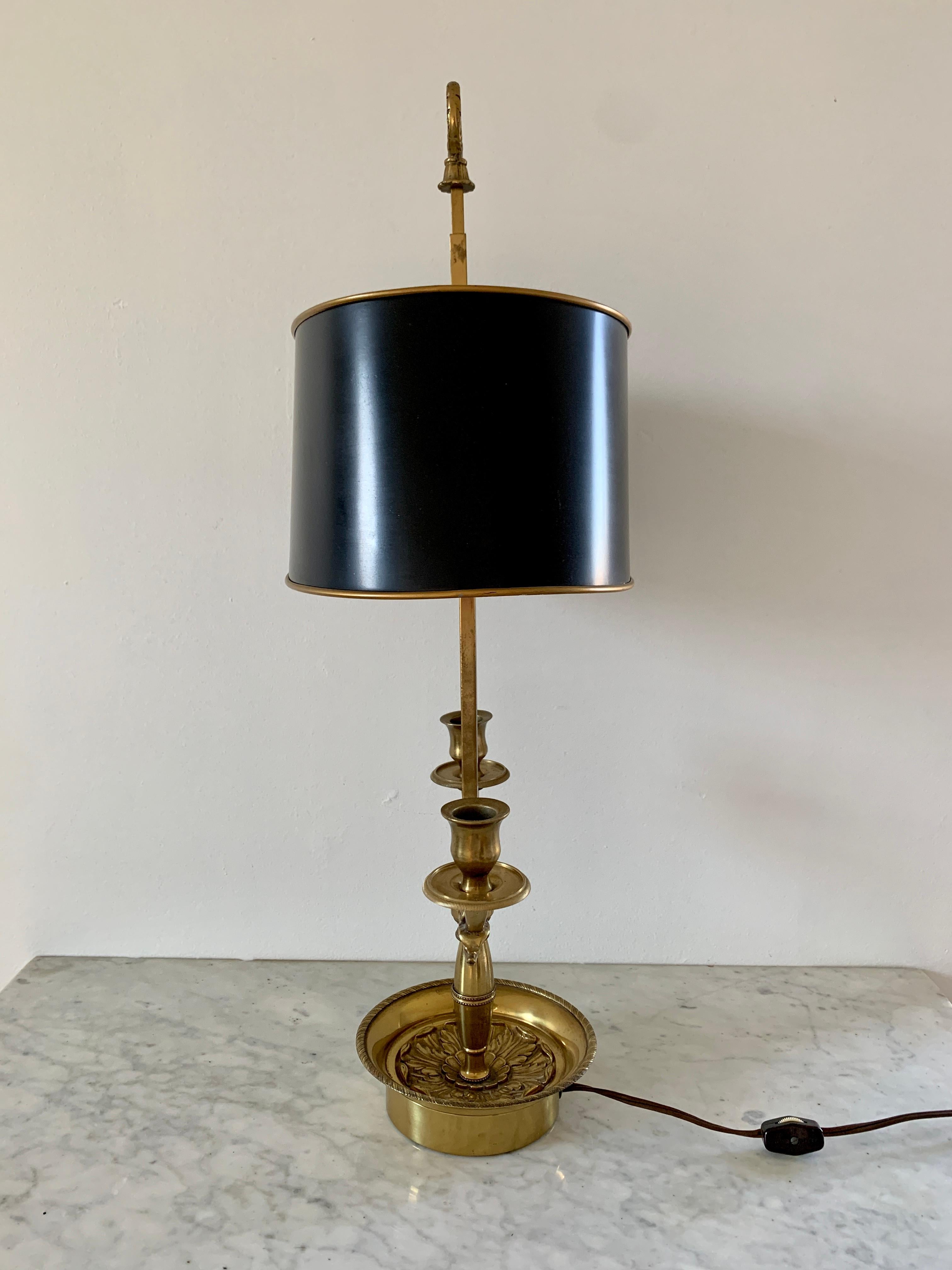 Mid-20th Century Brass Bouillotte Double Dolphin Lamp With Black Tole Shade For Sale 2