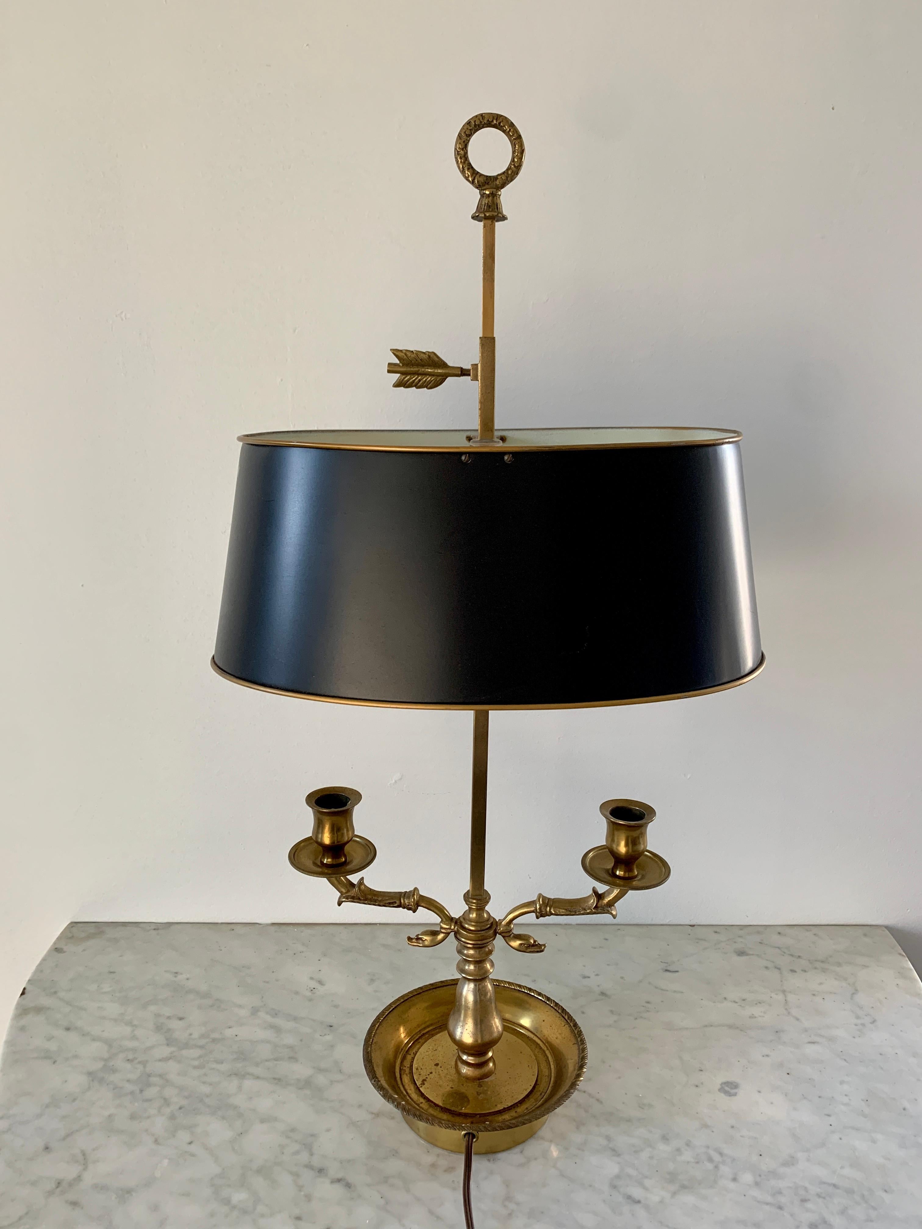 Mid-20th Century Brass Bouillotte Double Dolphin Lamp with Black Tole Shade For Sale 2
