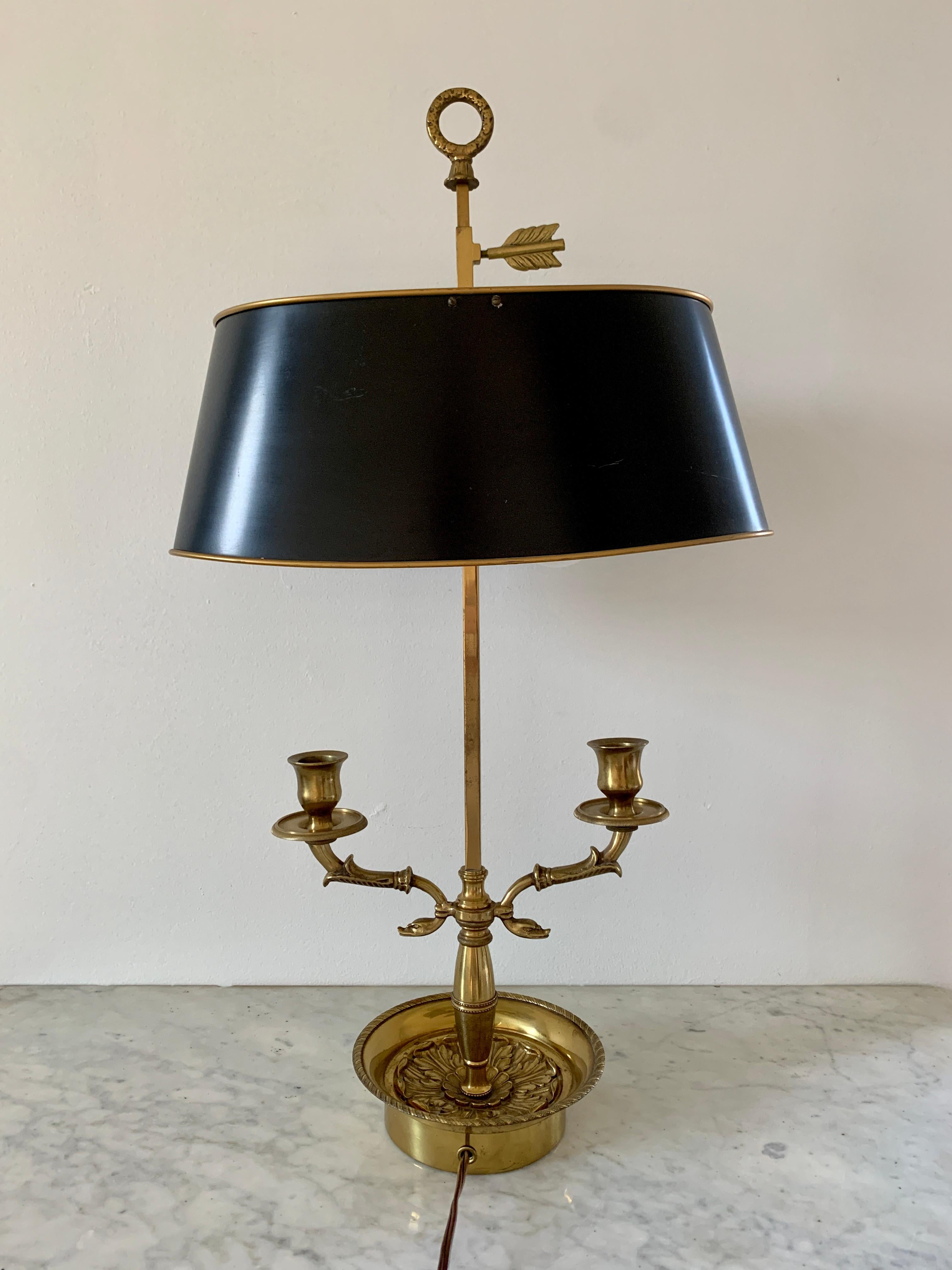 Mid-20th Century Brass Bouillotte Double Dolphin Lamp With Black Tole Shade For Sale 3