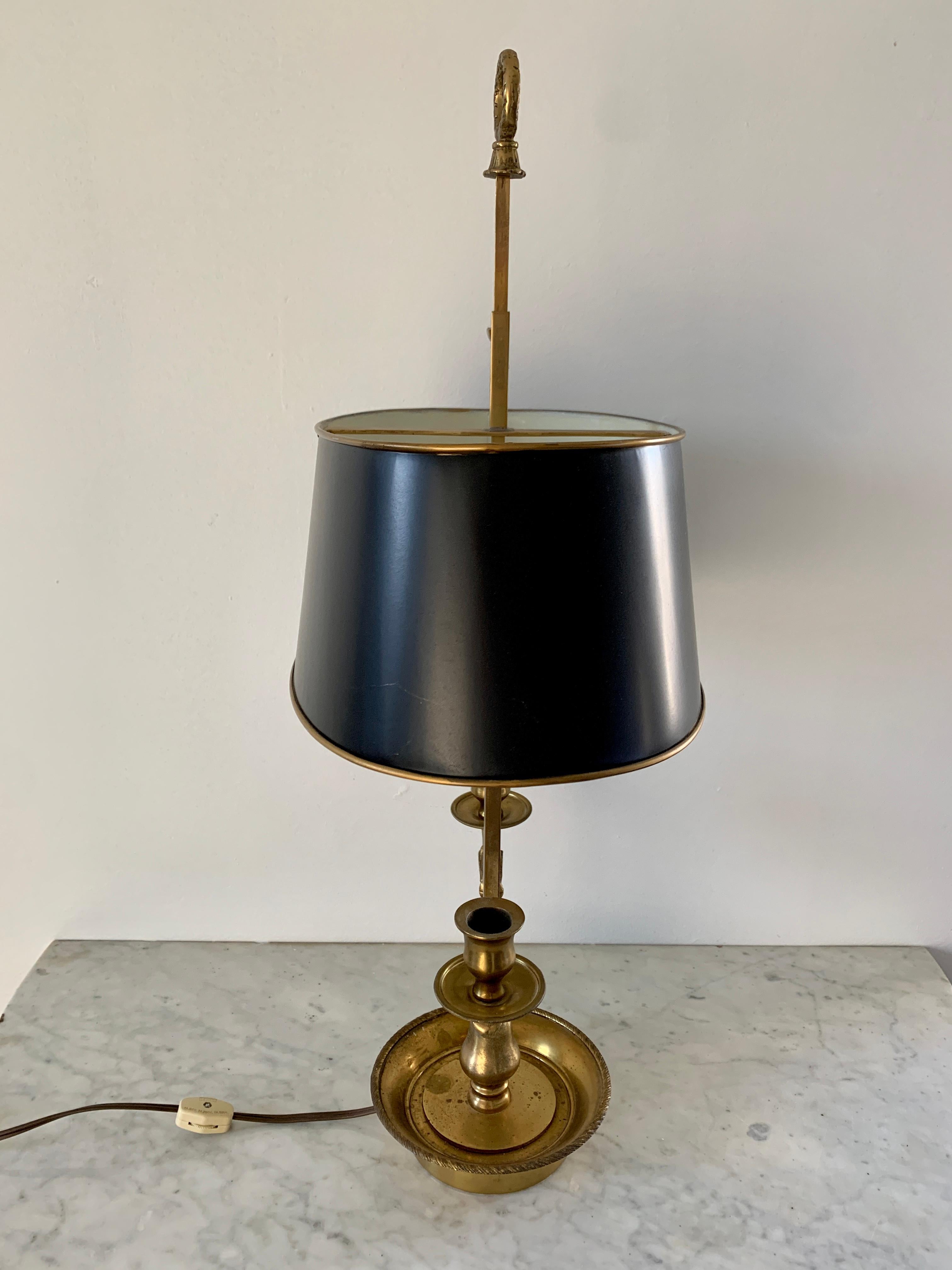 Mid-20th Century Brass Bouillotte Double Dolphin Lamp with Black Tole Shade For Sale 3