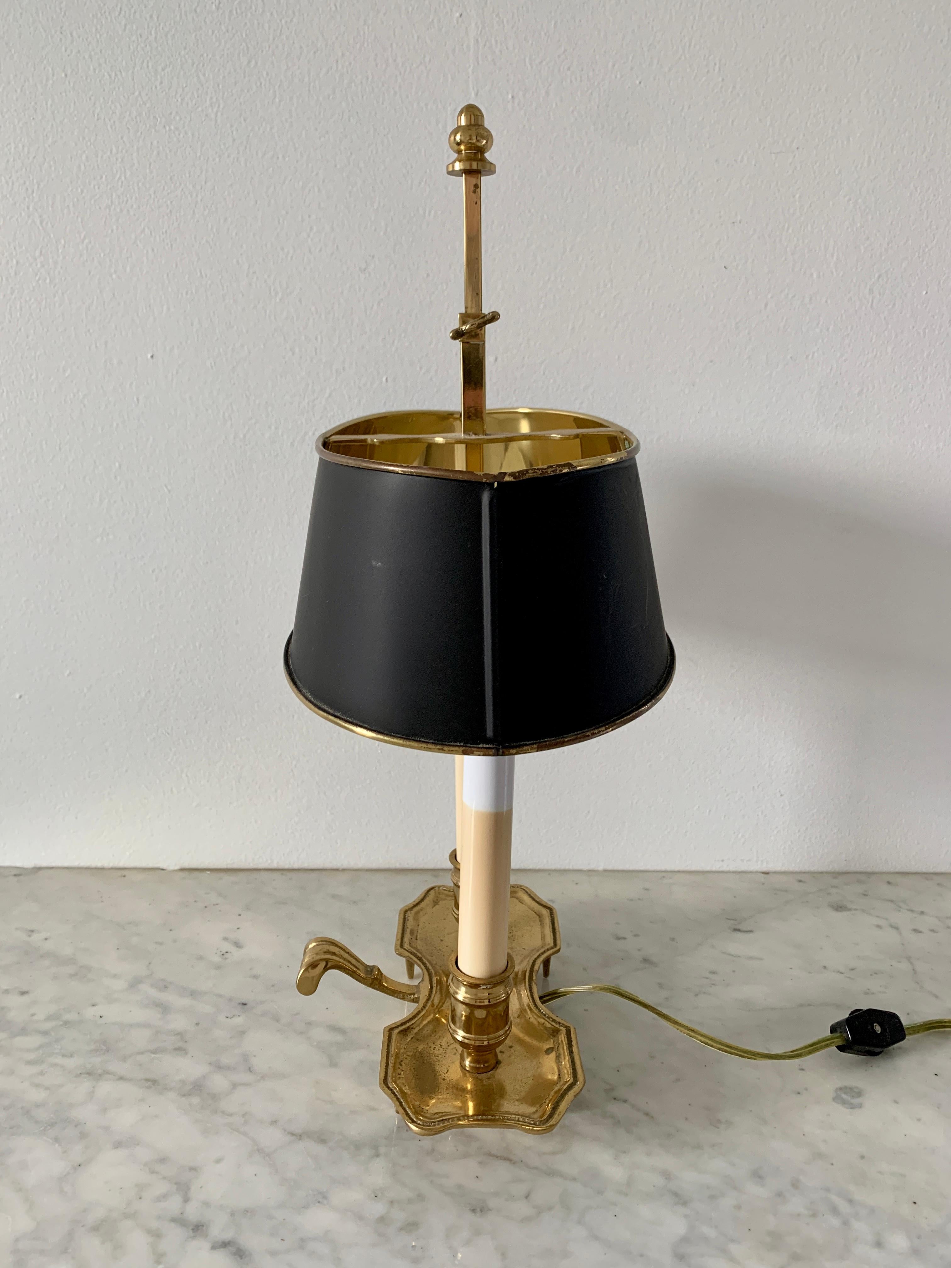 Mid-20th Century Brass Bouillotte Lamp with Black Tole Shade In Good Condition In Elkhart, IN