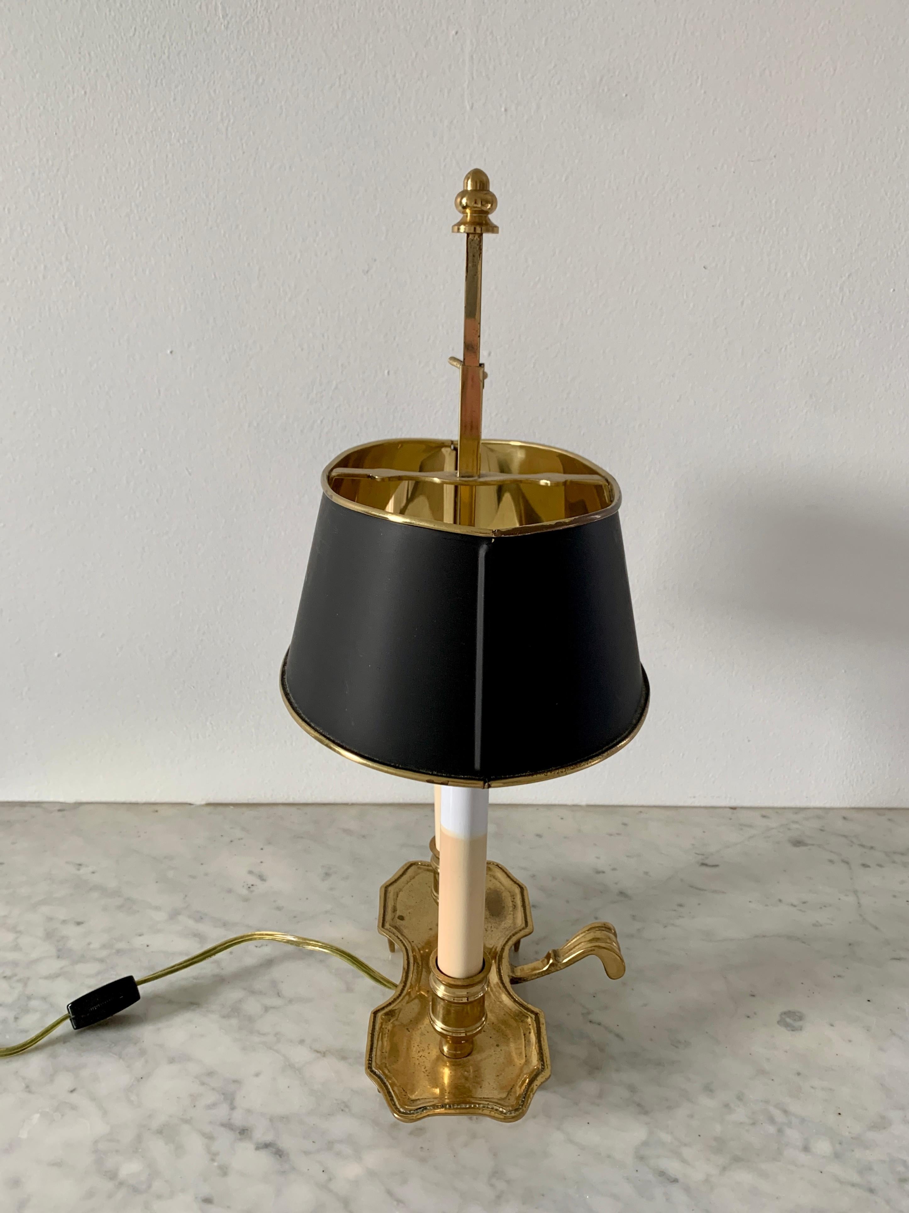Mid-20th Century Brass Bouillotte Lamp with Black Tole Shade 1