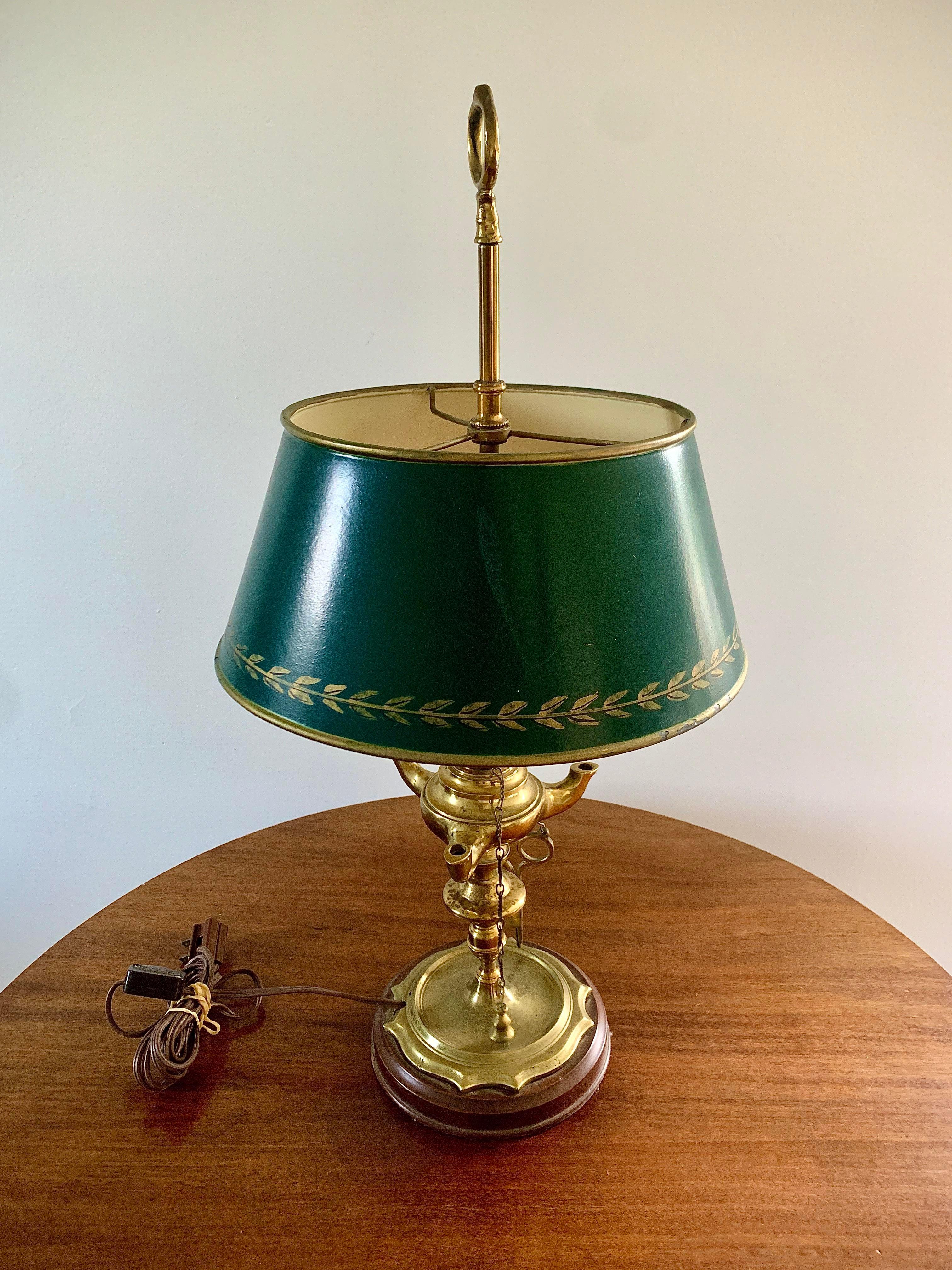 Mid-20th Century Brass Bouillotte Lamp with Green Tole Shade 5