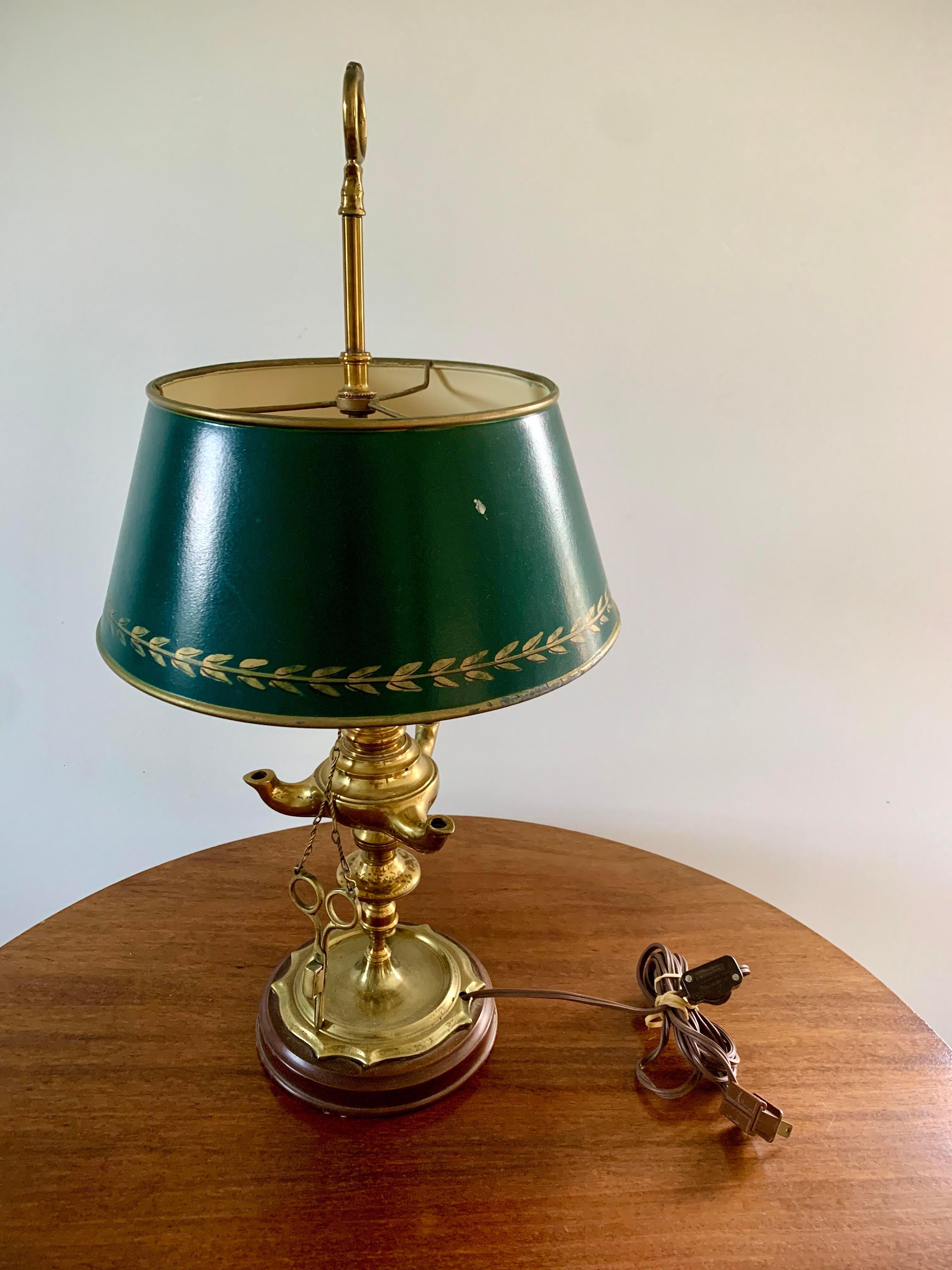 Mid-20th Century Brass Bouillotte Lamp with Green Tole Shade 6