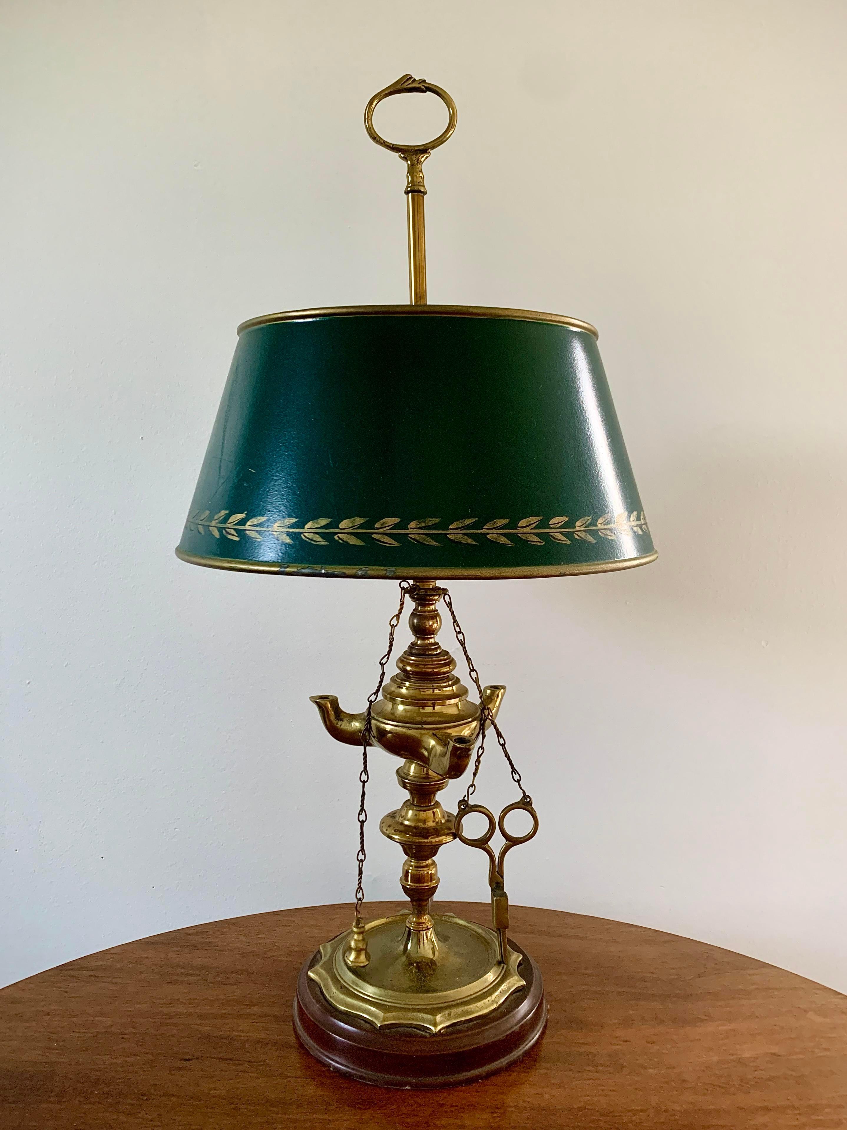 French Provincial Mid-20th Century Brass Bouillotte Lamp with Green Tole Shade