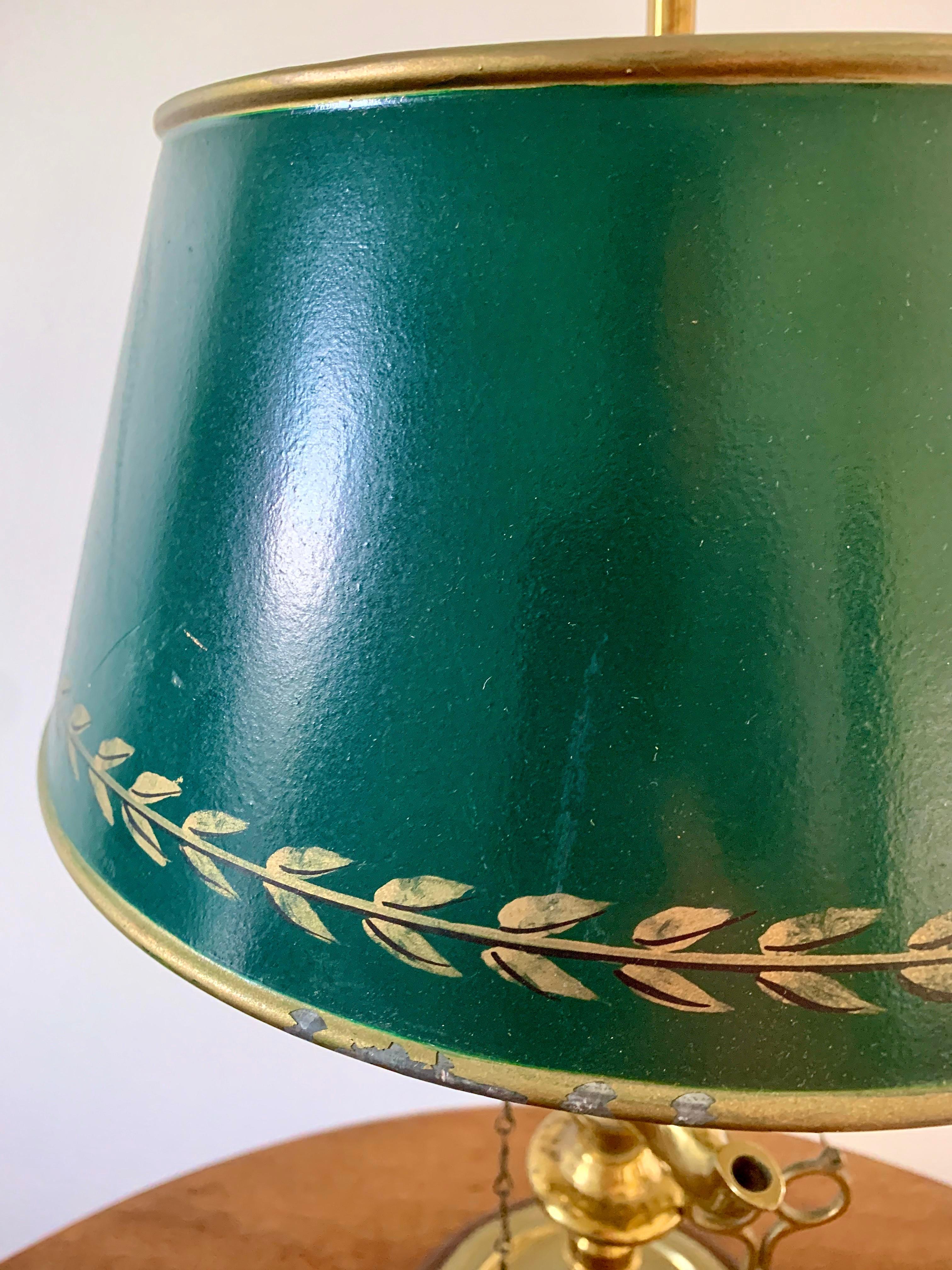 American Mid-20th Century Brass Bouillotte Lamp with Green Tole Shade