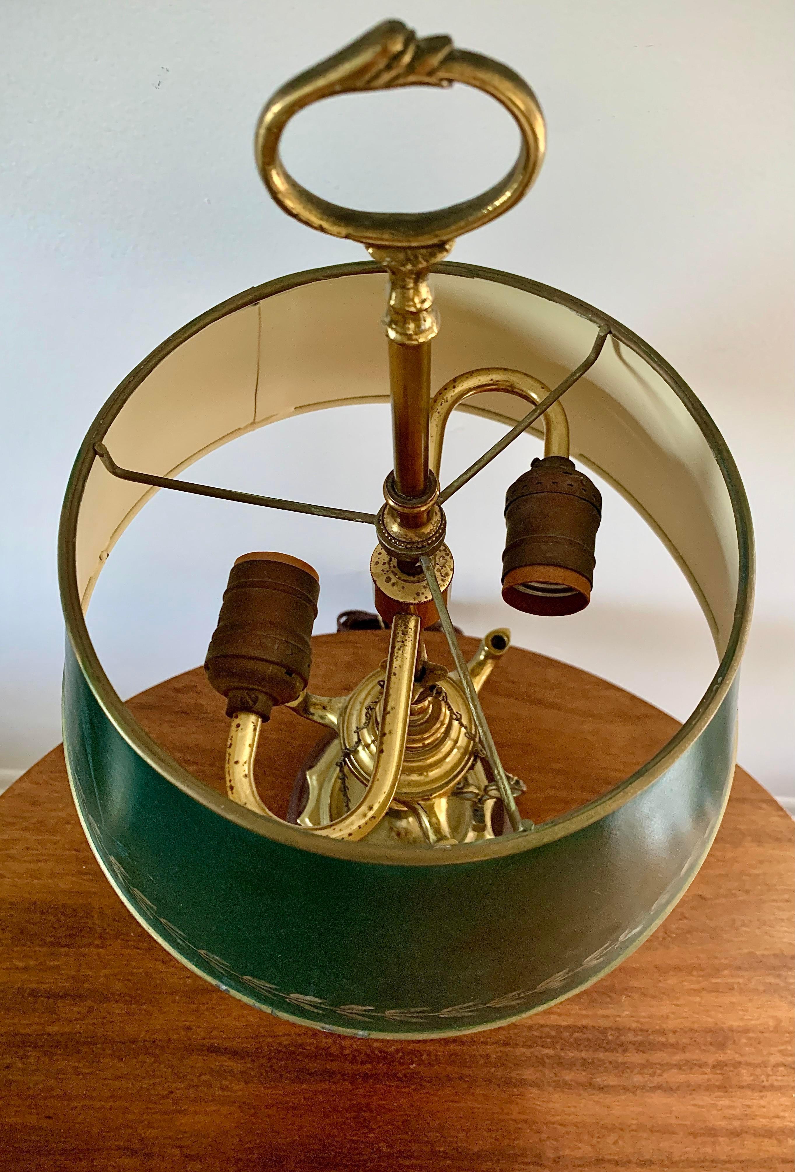 Metal Mid-20th Century Brass Bouillotte Lamp with Green Tole Shade