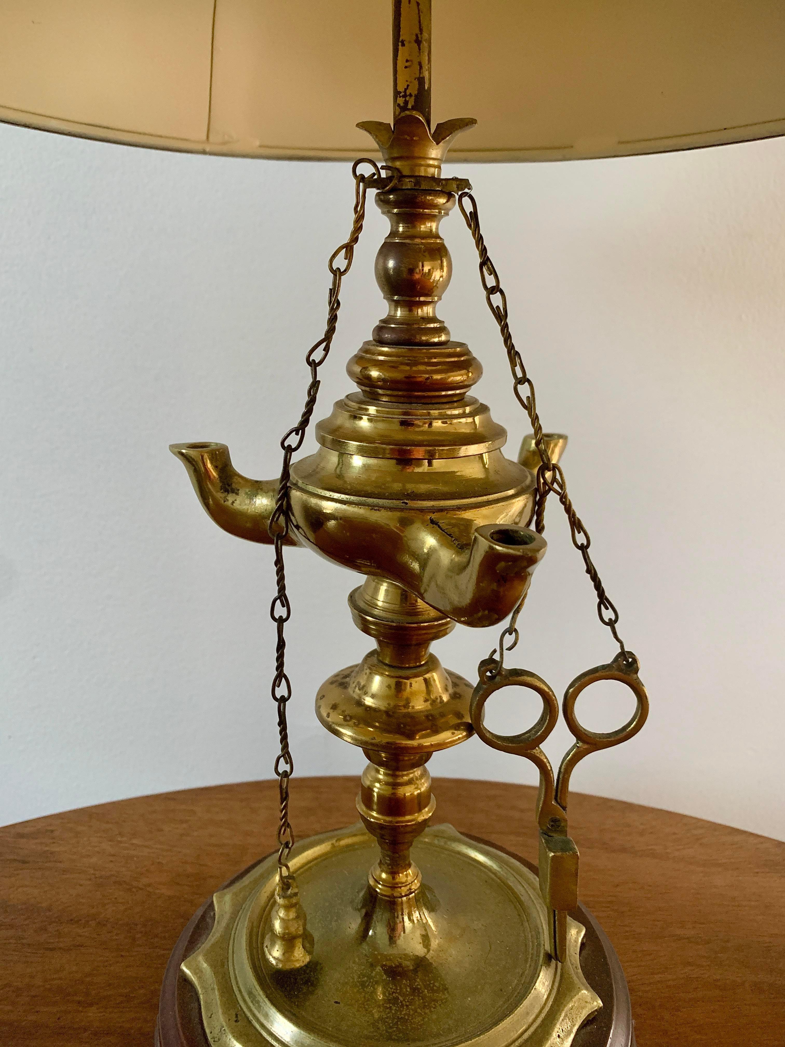 Mid-20th Century Brass Bouillotte Lamp with Green Tole Shade 2