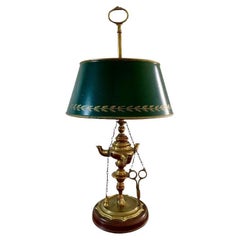 Vintage Mid-20th Century Brass Bouillotte Lamp with Green Tole Shade