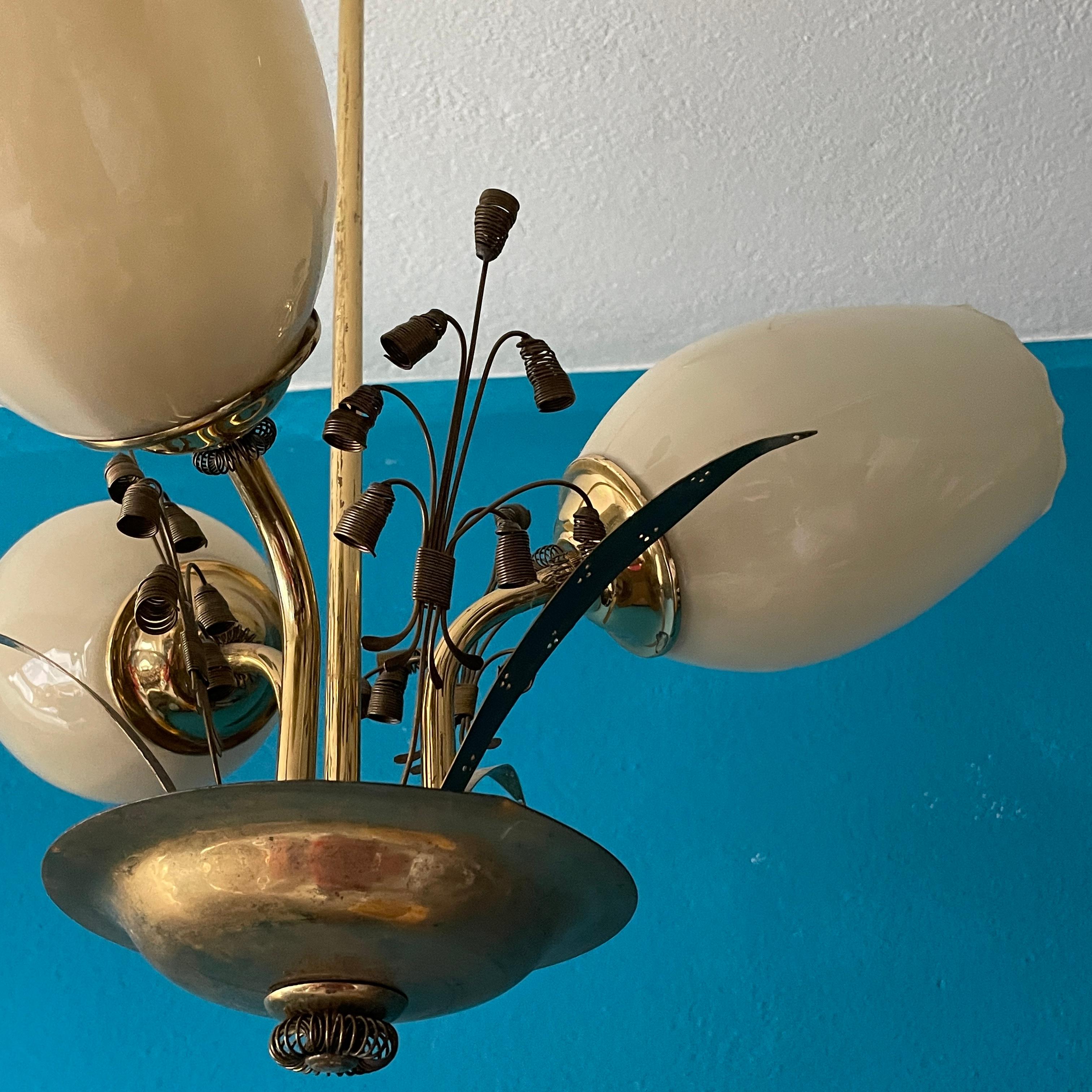 Mid-20th Century Brass Chandelier, Paavo Tynell Style, Made in Finland For Sale 7