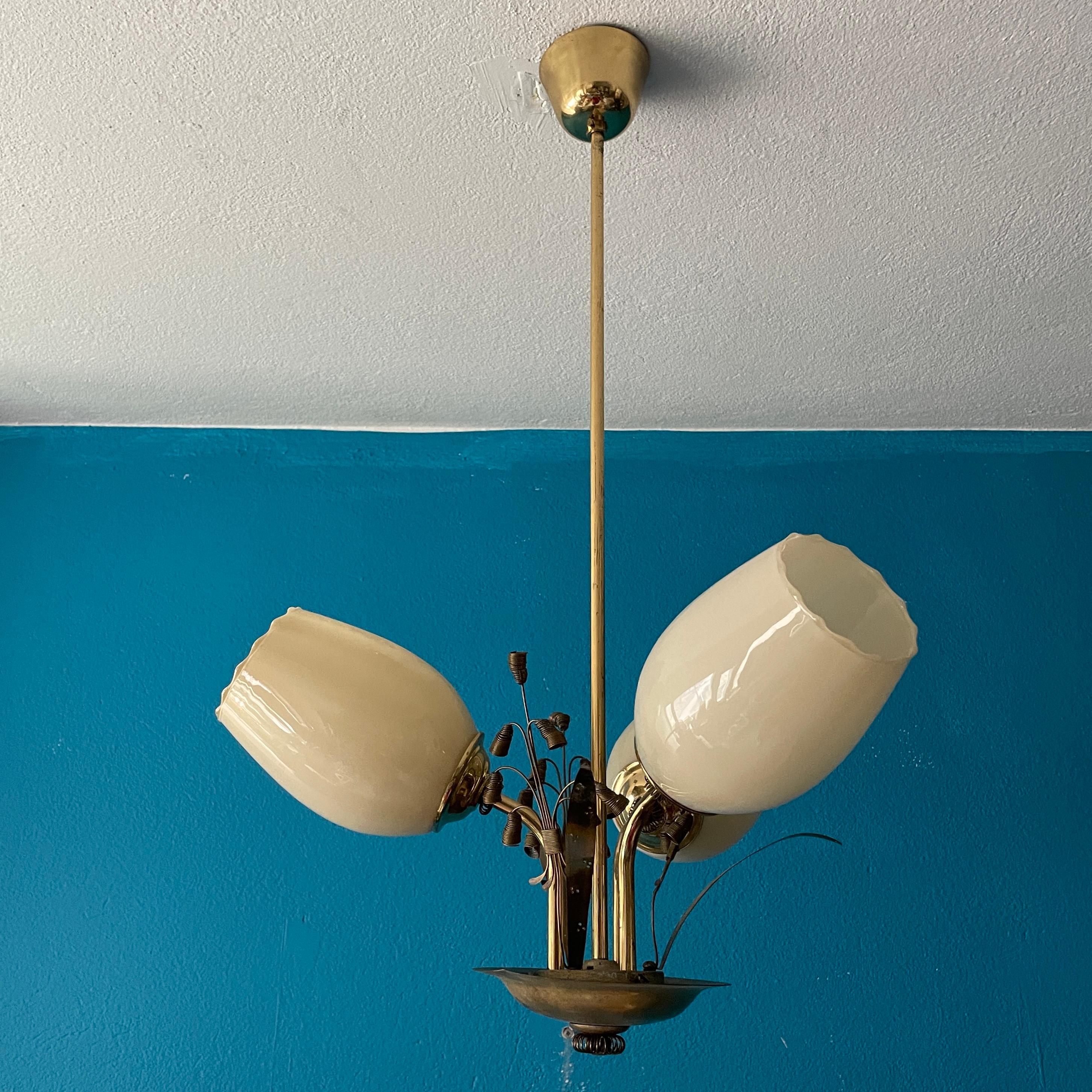 Mid-Century Modern Mid-20th Century Brass Chandelier, Paavo Tynell Style, Made in Finland For Sale