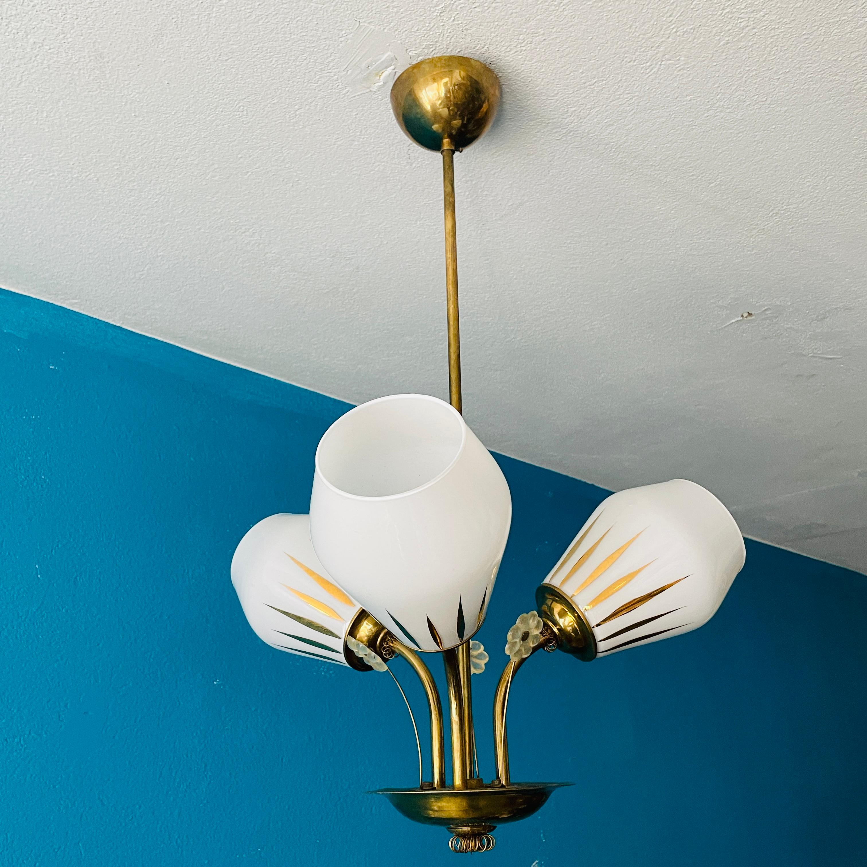 Scandinavian Modern Mid-20th Century Brass Chandelier, Paavo Tynell Style, Made in Finland For Sale