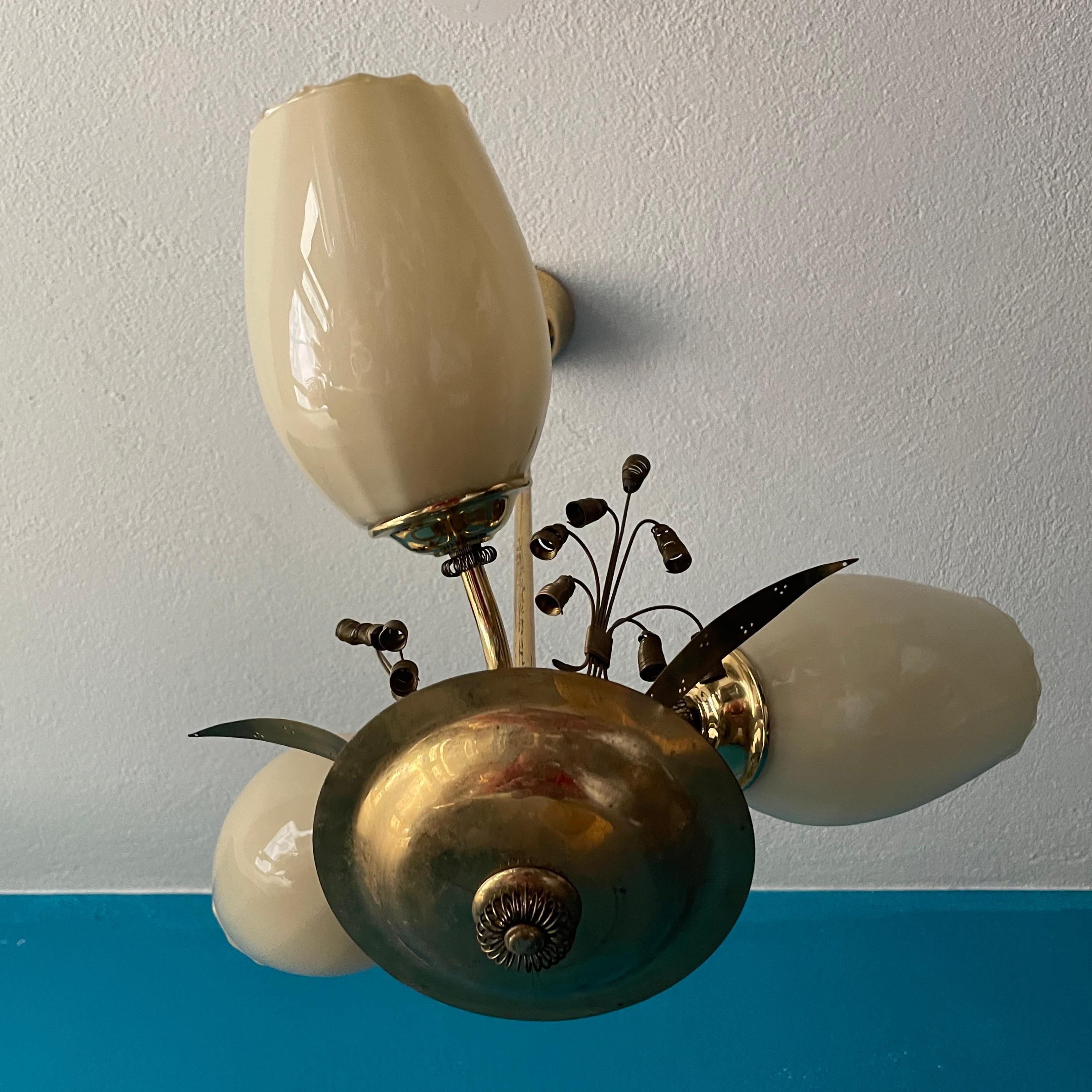 Mid-20th Century Brass Chandelier, Paavo Tynell Style, Made in Finland For Sale 3