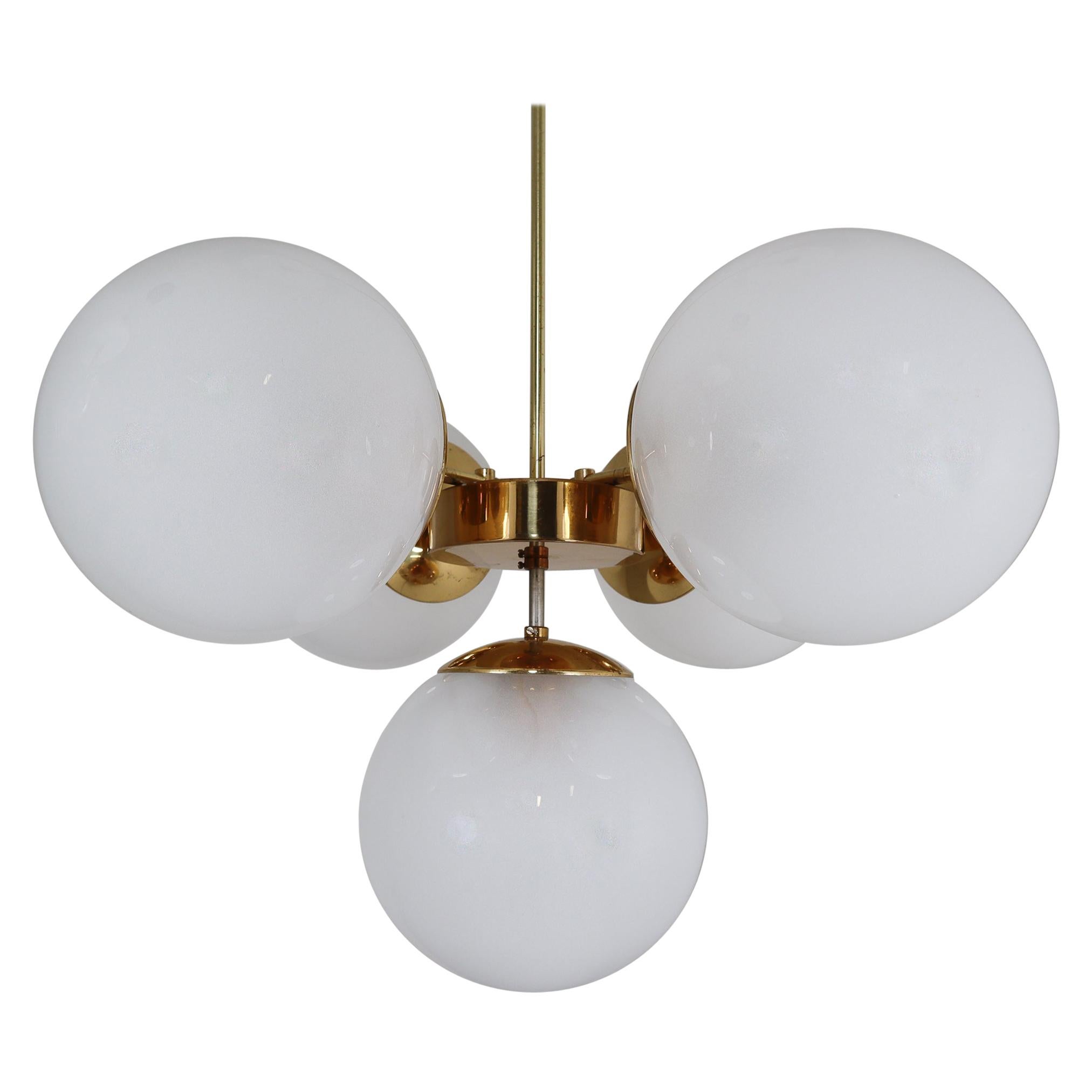 Mid20th Century Brass Chandelier with Five Hand Blown Pearl Globes For