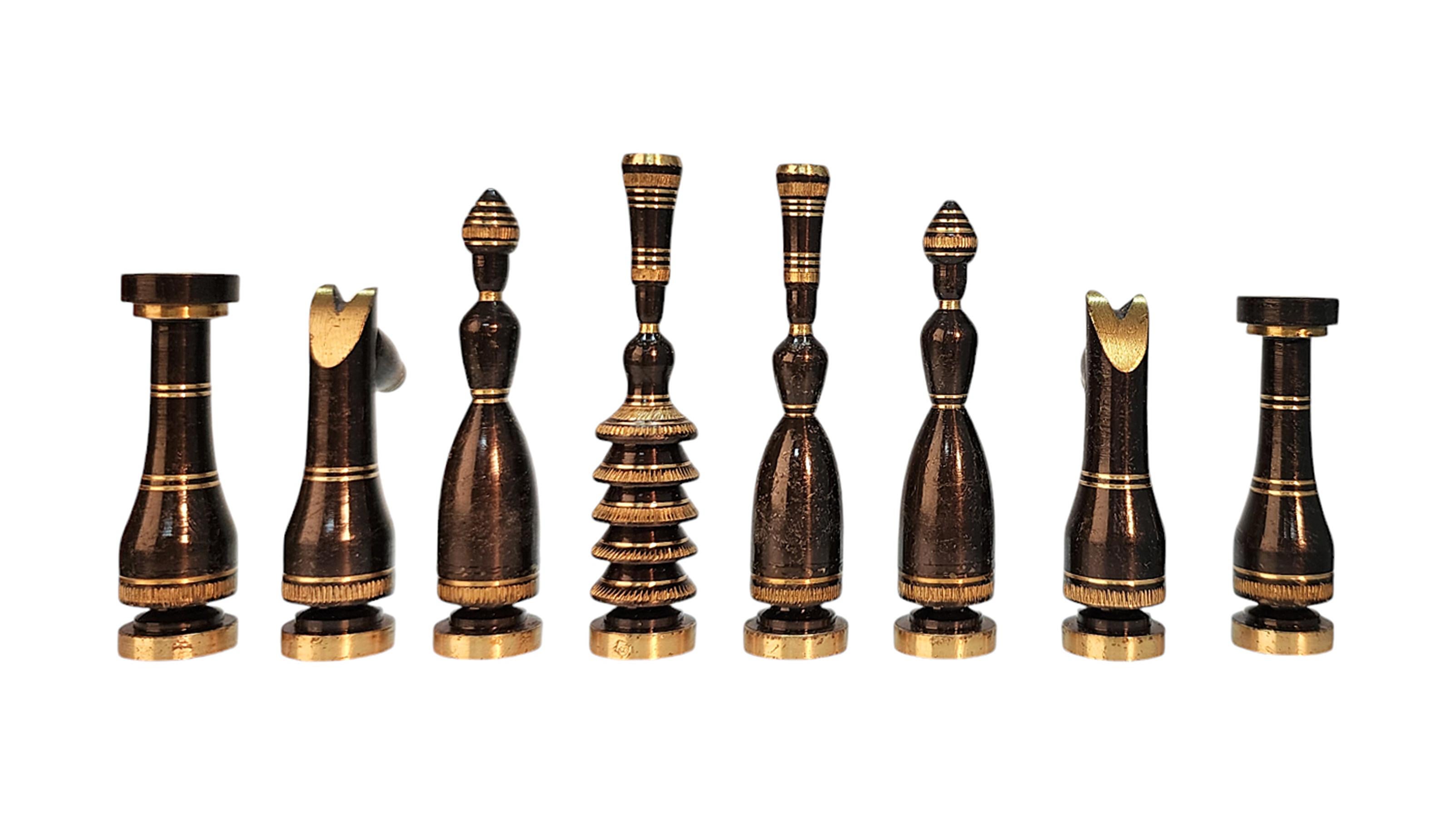 Mid-20th Century Brass Chess Set with Wodden Board/Box by Hans Teppich, Israel For Sale 4