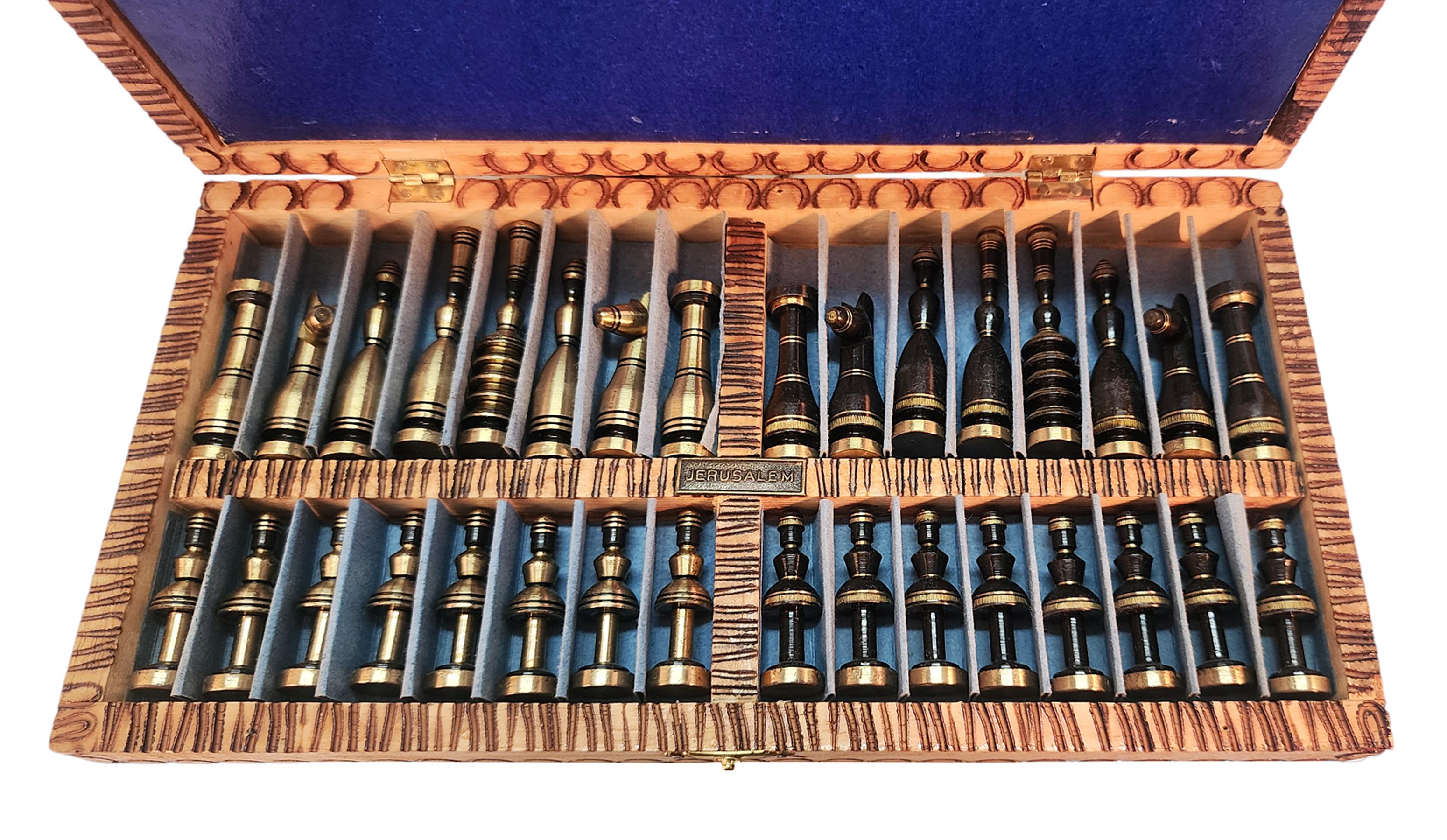 Mid-20th Century Brass Chess Set with Wodden Board/Box by Hans Teppich, Israel For Sale 11