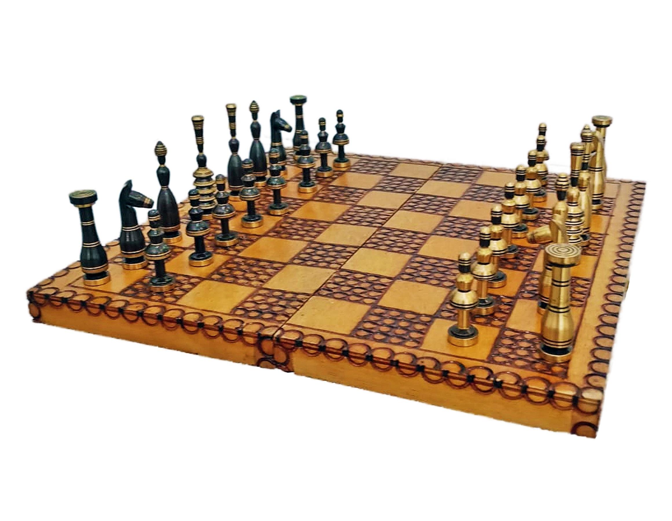 Mid-20th Century Brass Chess Set with Wodden Board/Box by Hans Teppich, Israel For Sale 12