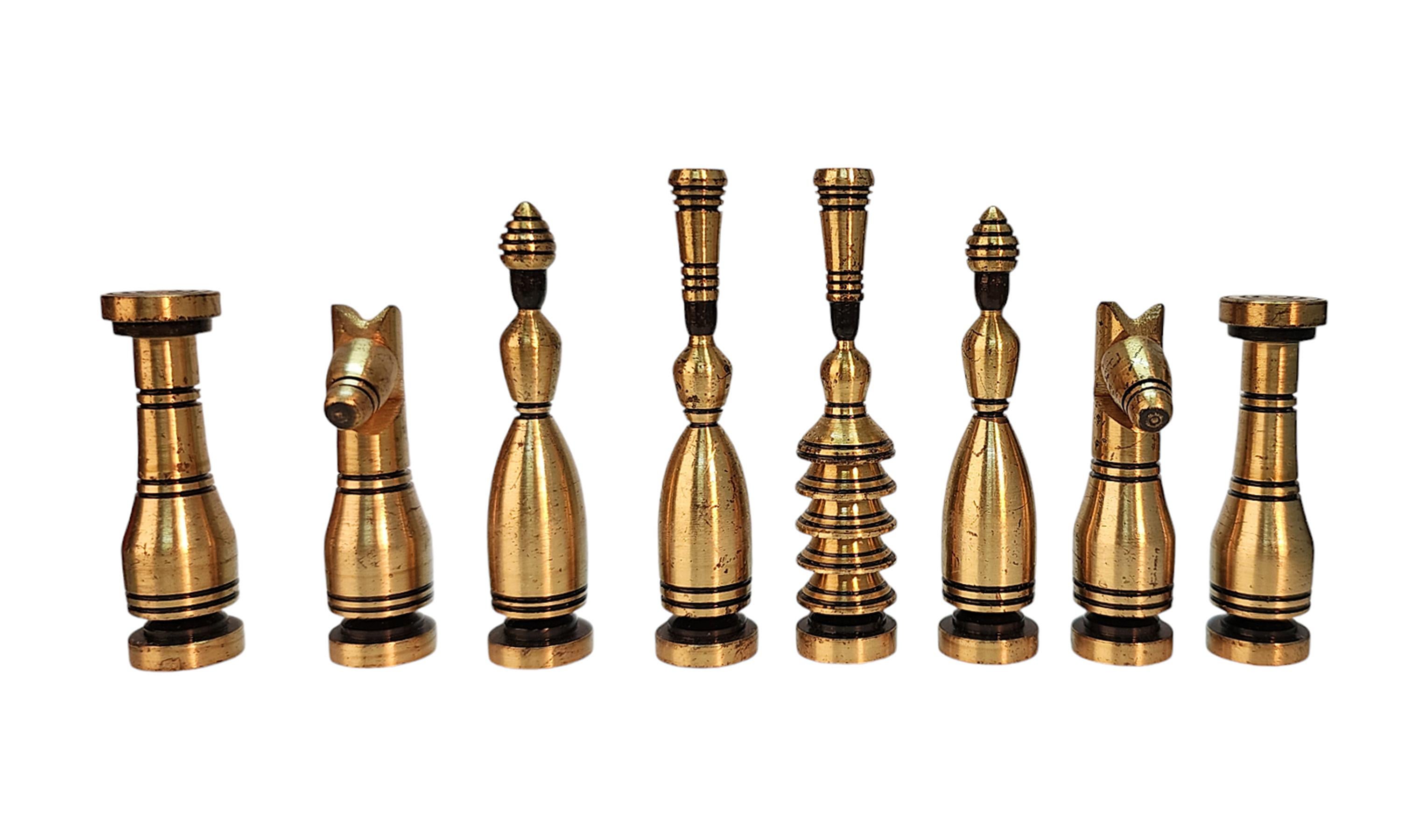 Israeli Mid-20th Century Brass Chess Set with Wodden Board/Box by Hans Teppich, Israel For Sale