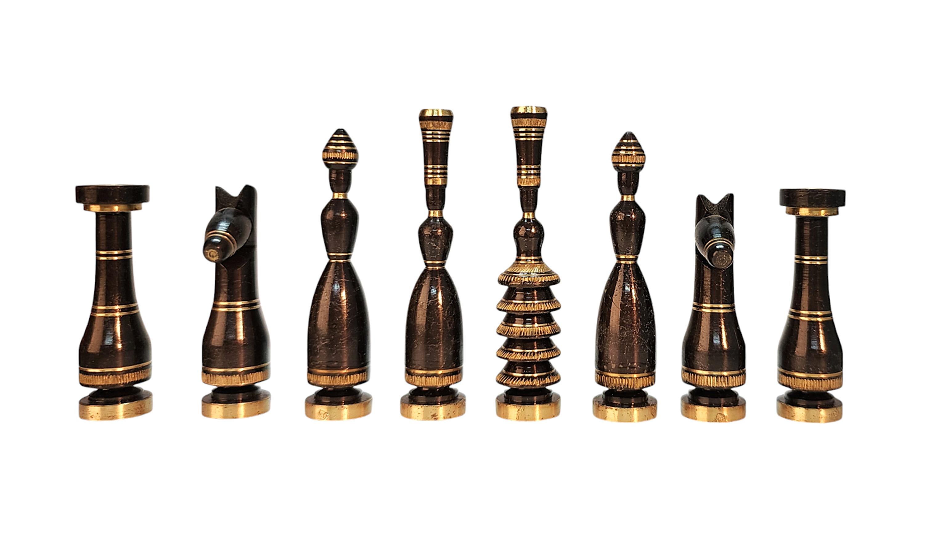 Mid-20th Century Brass Chess Set with Wodden Board/Box by Hans Teppich, Israel For Sale 2