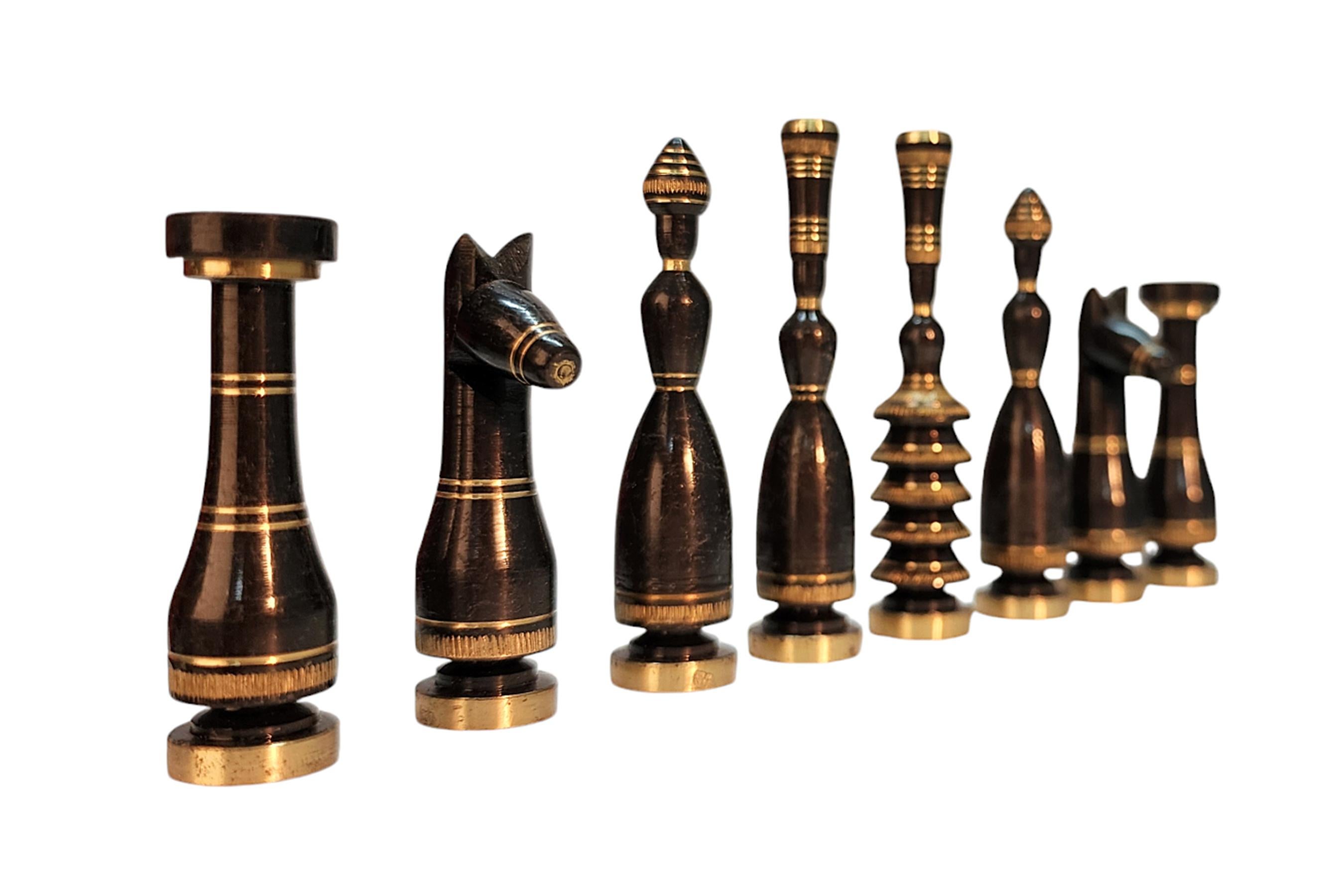 Mid-20th Century Brass Chess Set with Wodden Board/Box by Hans Teppich, Israel For Sale 3