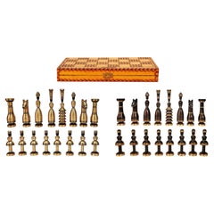 Mid-20th Century Brass Chess Set with Wodden Board/Box by Hans Teppich, Israel