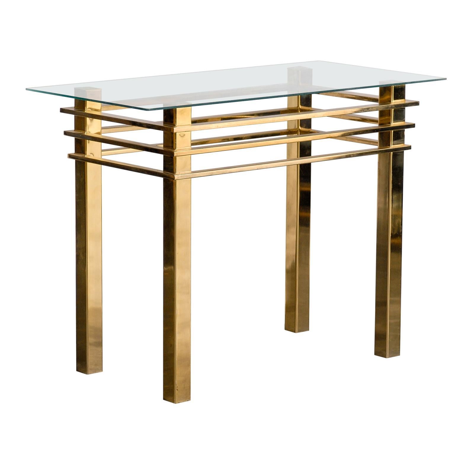 Mid-20th Century Brass Console Table with Glass Top For Sale