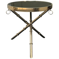 Mid-20th Century Brass Faux Bamboo Drinks Table with Black Mirrored Glass Top