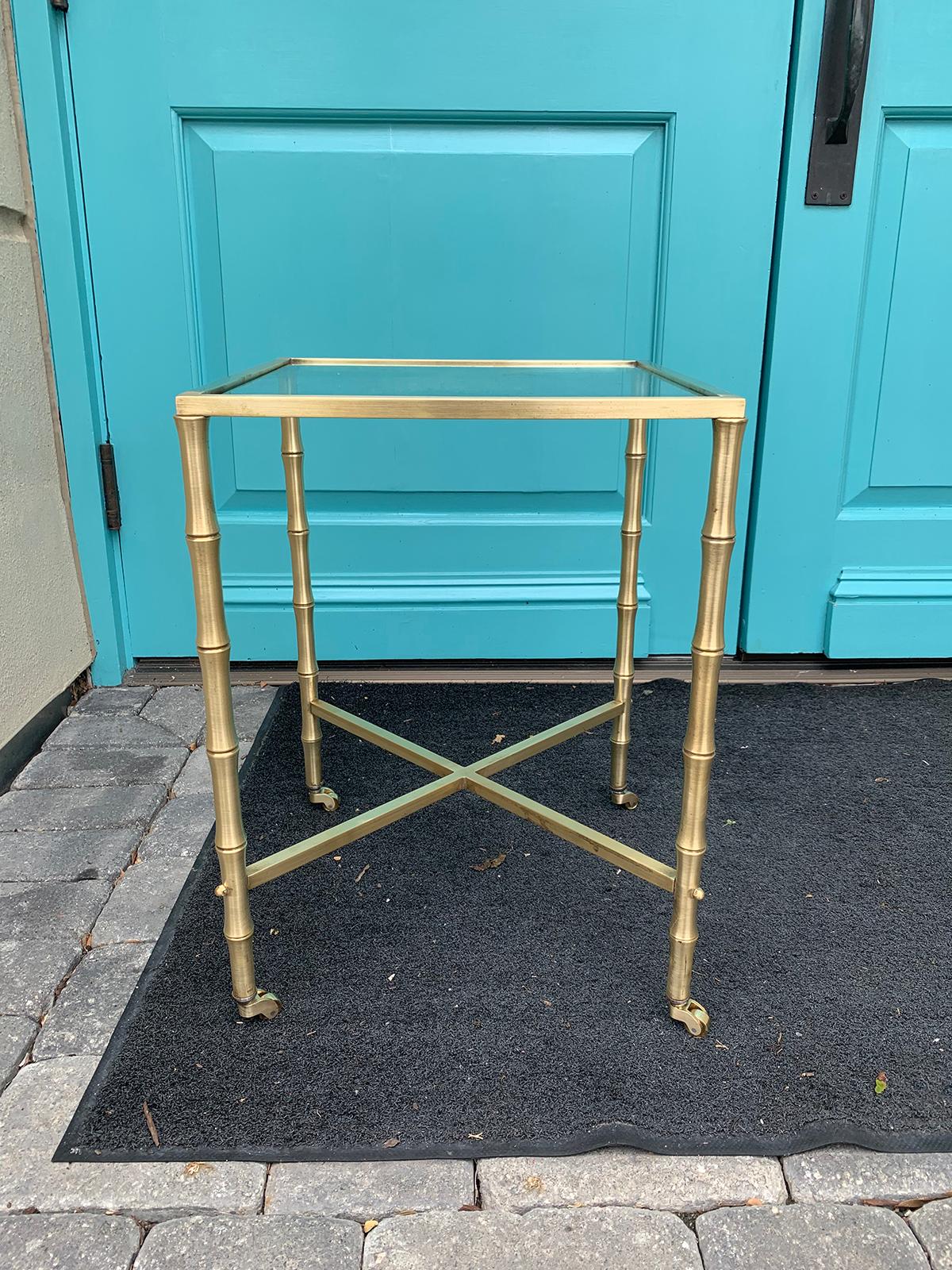 Mid-20th century brass faux bamboo side table, glass top.