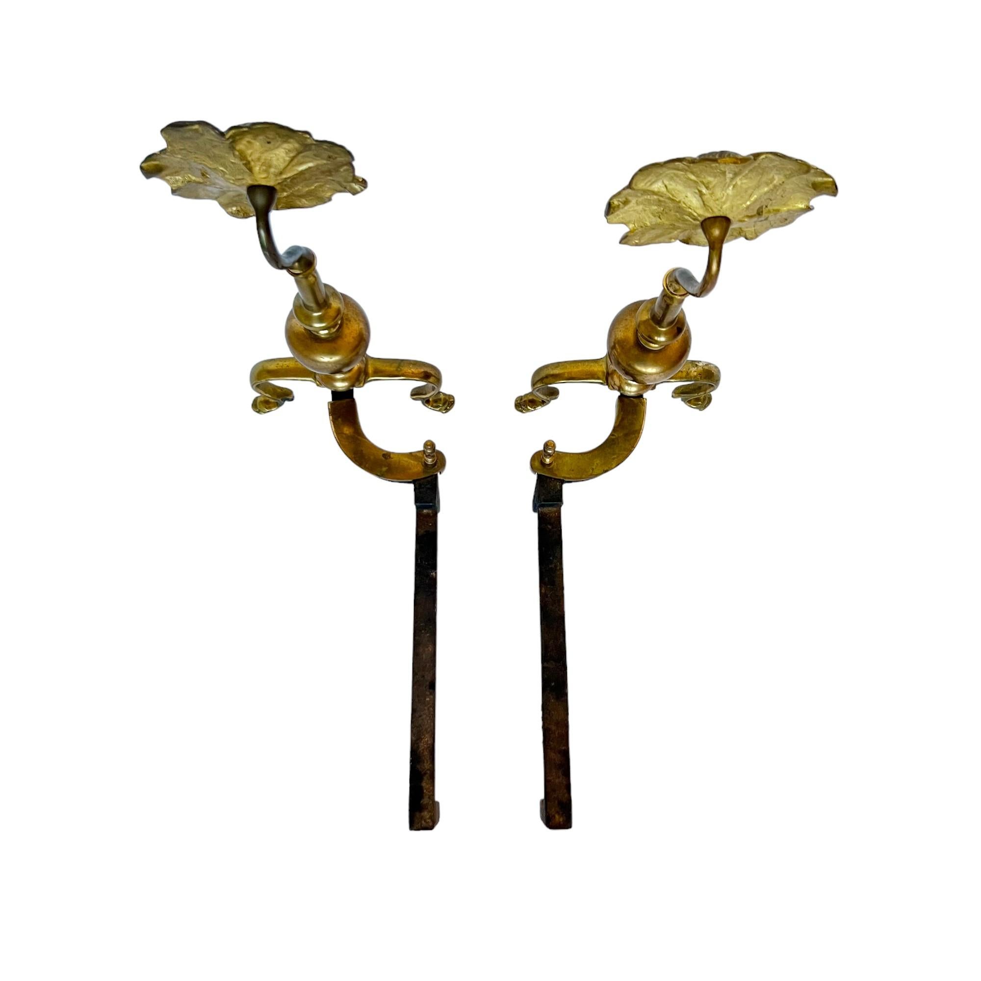 Mid 20th Century Brass Flower Andirons or Chenets, a Pair 4