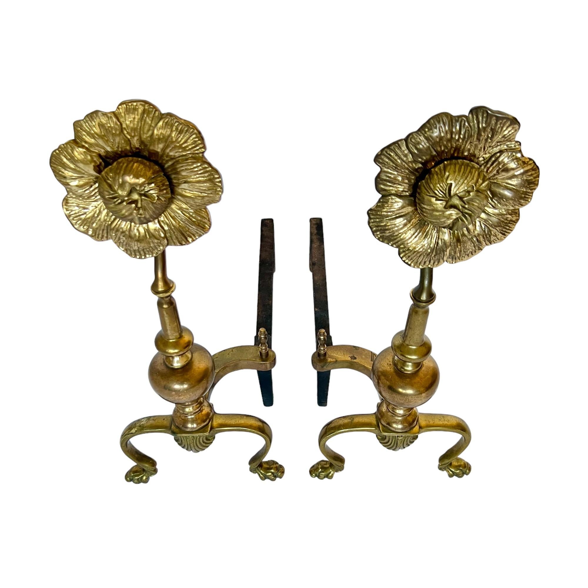 Hollywood Regency Mid 20th Century Brass Flower Andirons or Chenets, a Pair