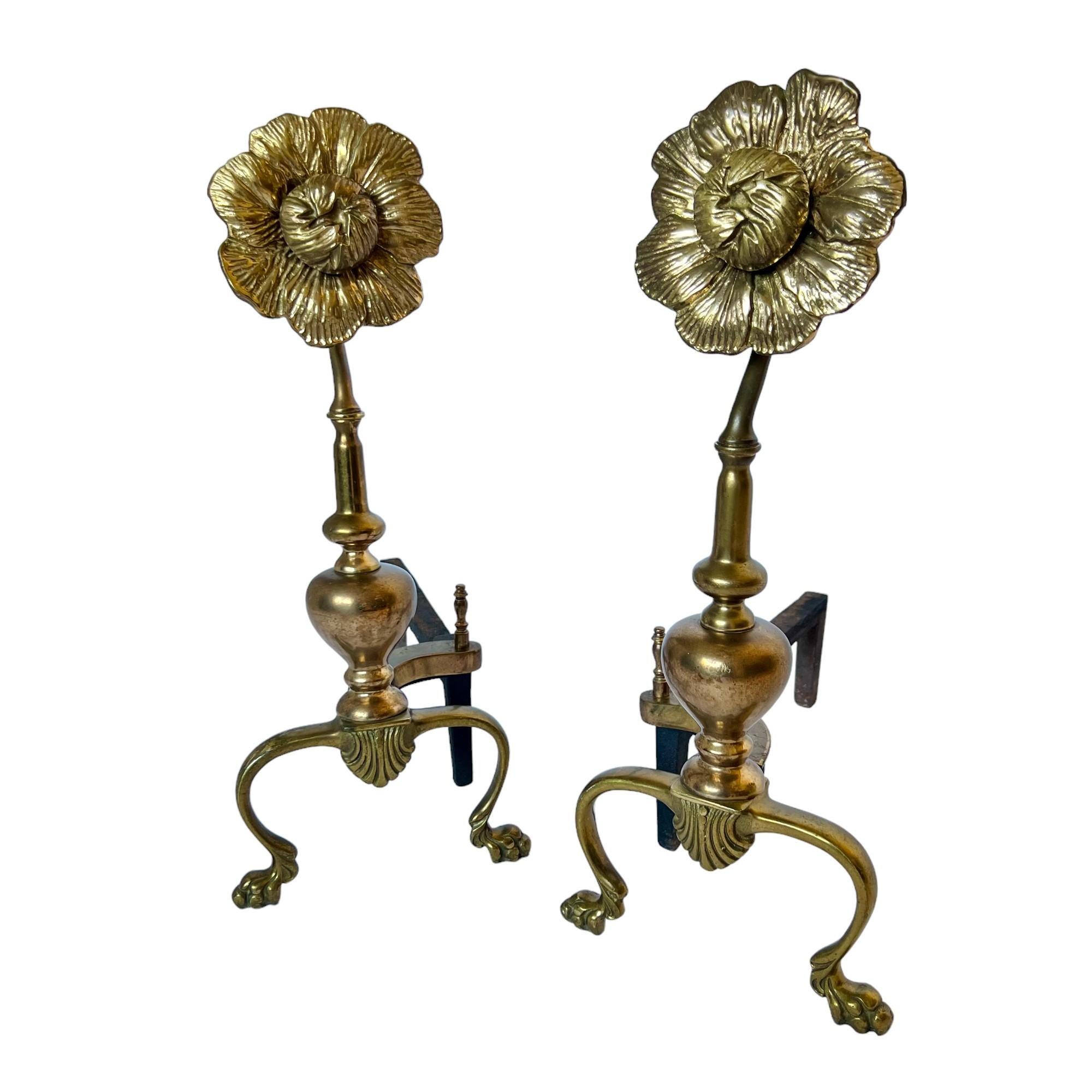 American Mid 20th Century Brass Flower Andirons or Chenets, a Pair