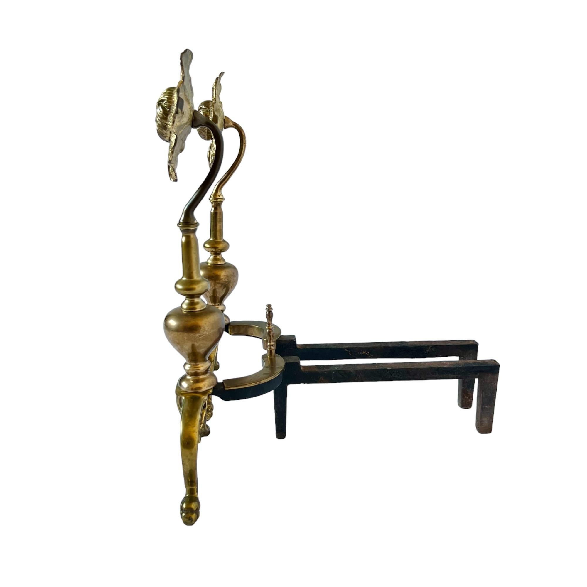 Mid 20th Century Brass Flower Andirons or Chenets, a Pair 1