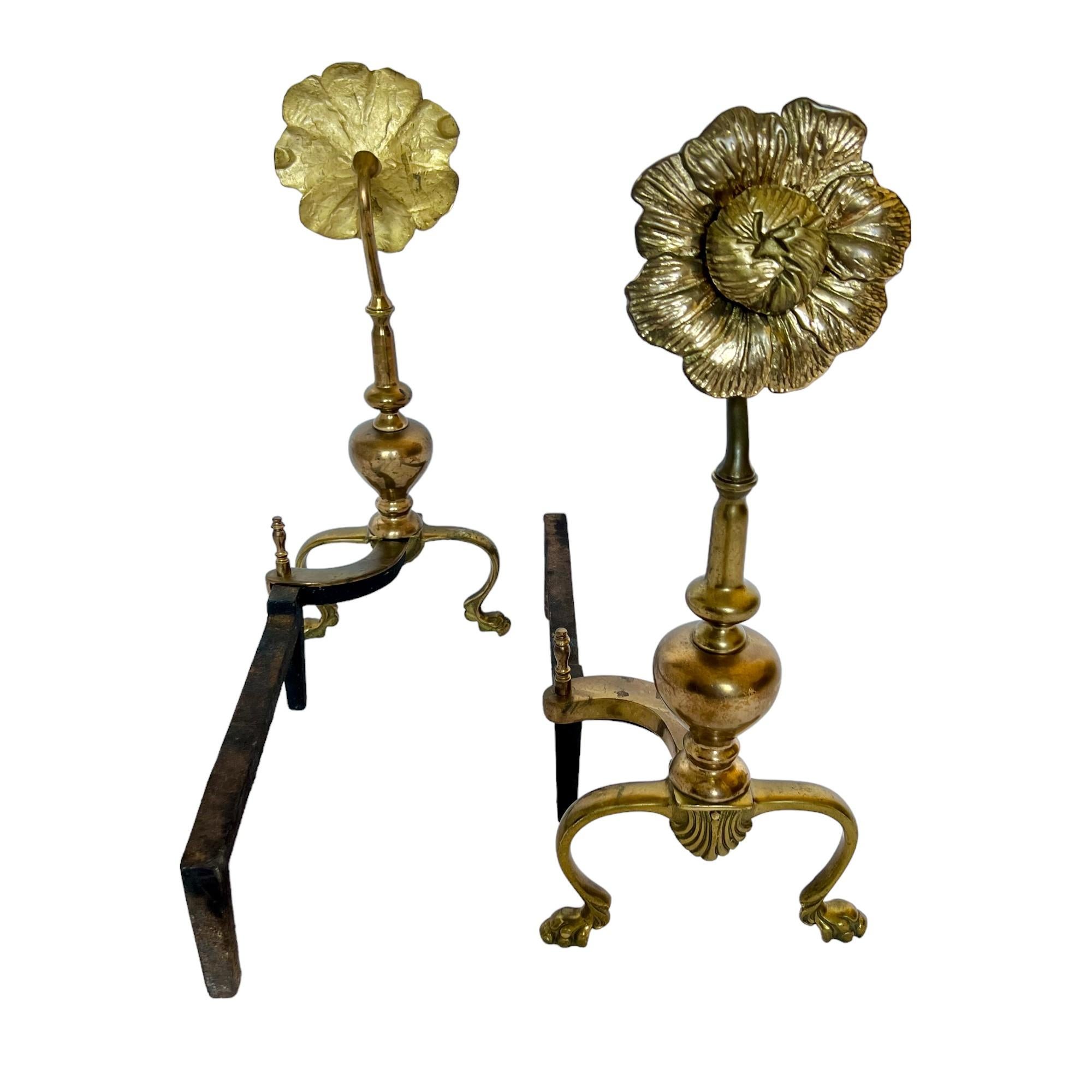 Mid 20th Century Brass Flower Andirons or Chenets, a Pair 2