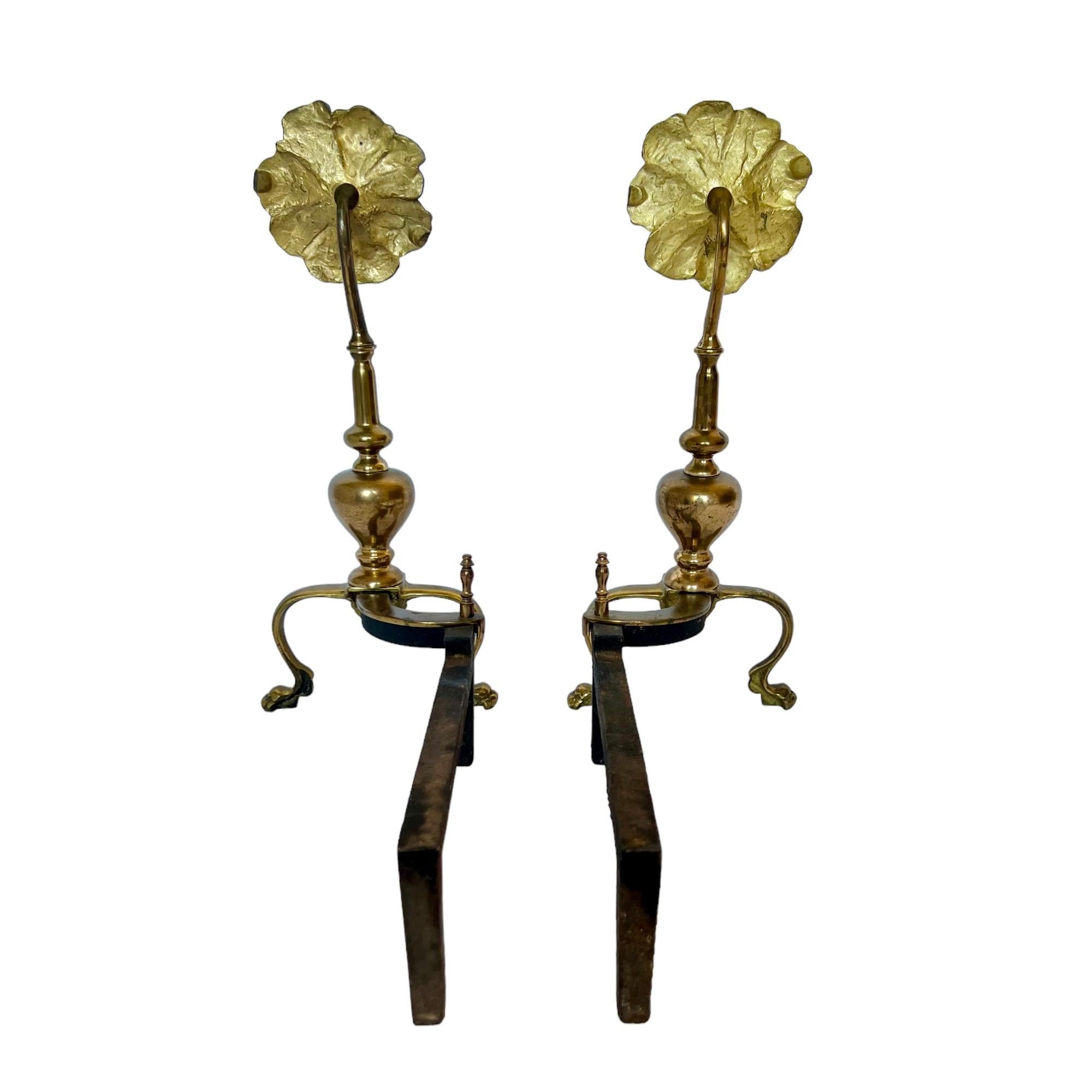 Mid 20th Century Brass Flower Andirons or Chenets, a Pair 3