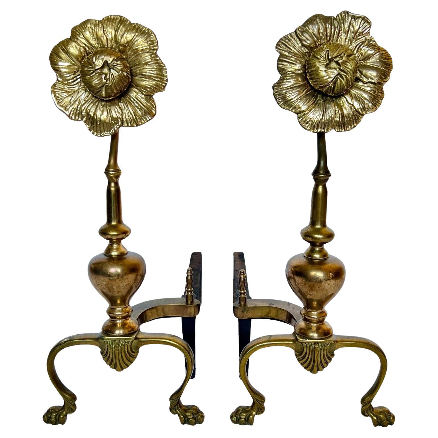 Mid 20th Century Brass Flower Andirons or Chenets, a Pair