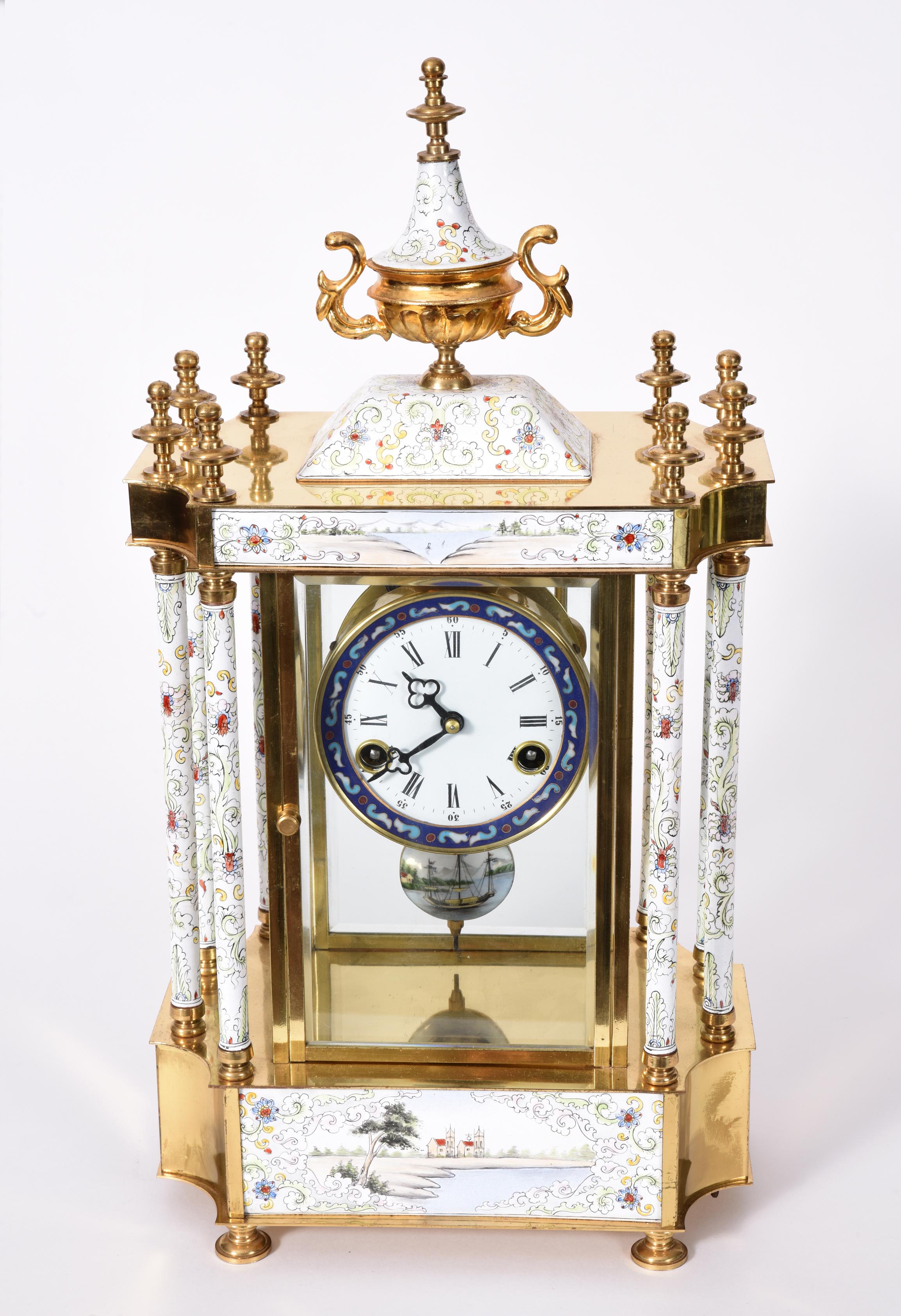 Beautifully handcrafted, mid-20th century brass frame mantel clock. This piece is just exquisite and in excellent vintage working condition. Measures: The clock measure about 20.5 inches high x10.5 inches length x 6.5 inches width.