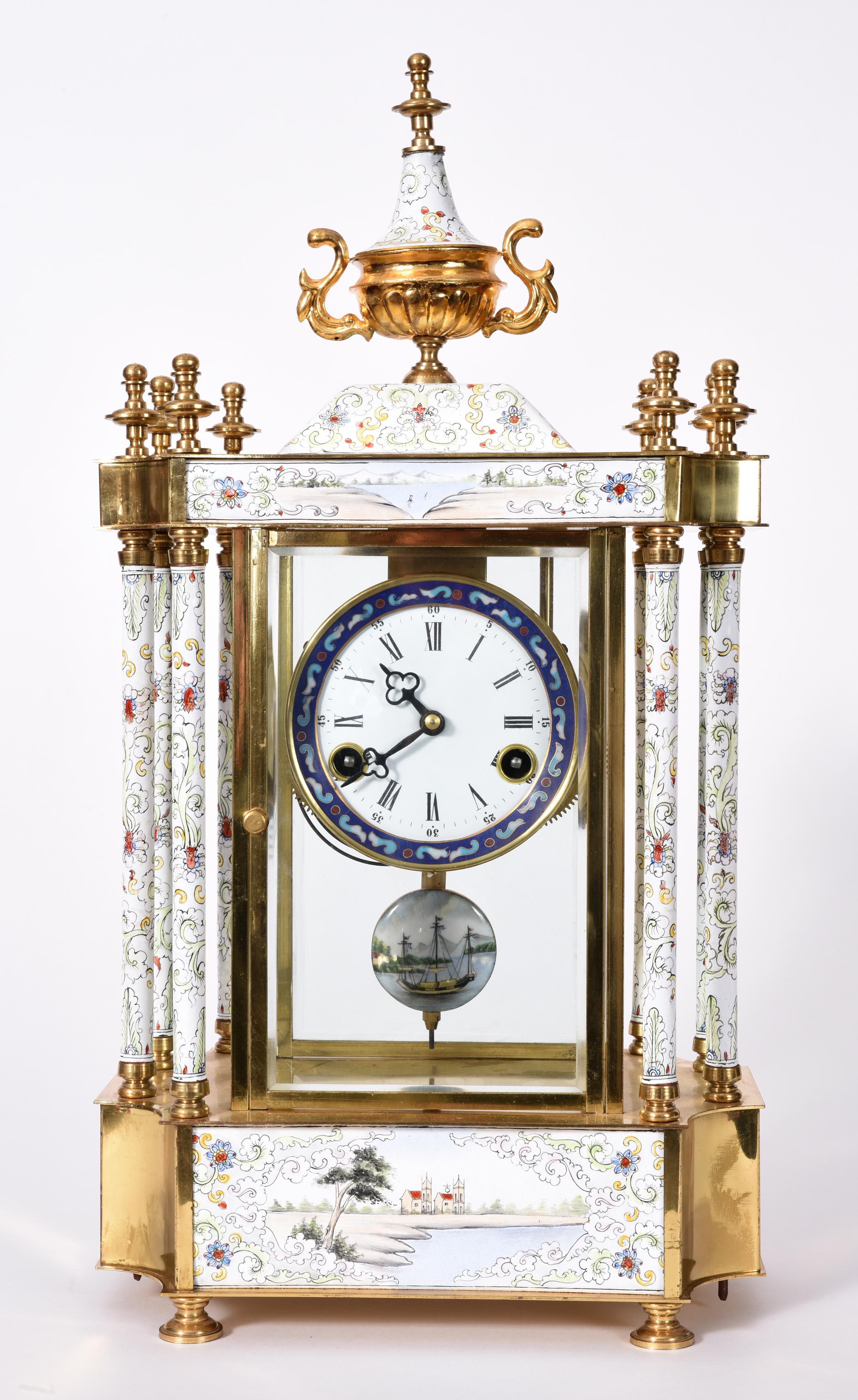 European Mid-20th Century Brass Frame Mantel Clock