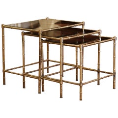 Vintage Mid-20th Century Brass & Glass Nesting Tables from Maison Baguès, Set of Three