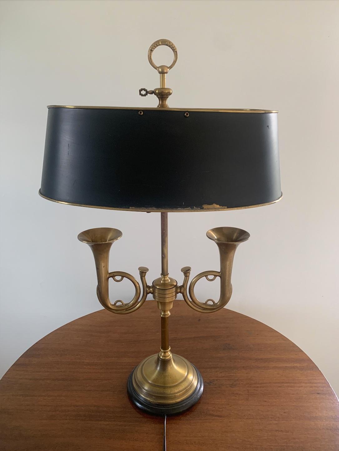 Mid-20th Century Brass Horn Bouillotte Lamp with Black Tole Shade For Sale 4