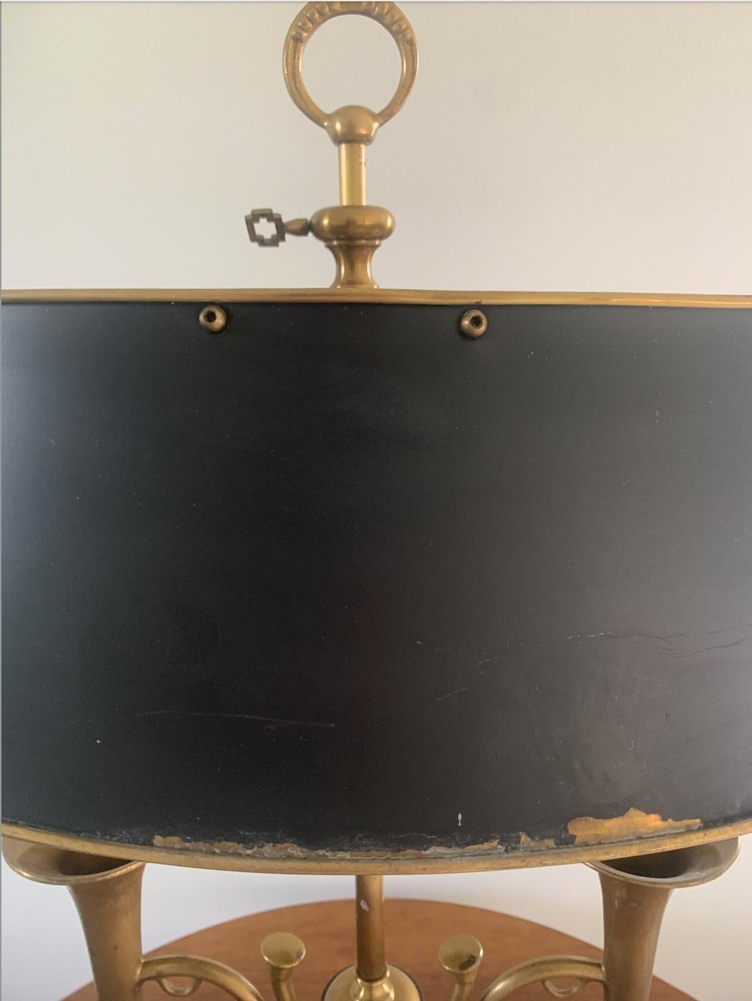 Mid-20th Century Brass Horn Bouillotte Lamp with Black Tole Shade For Sale 5